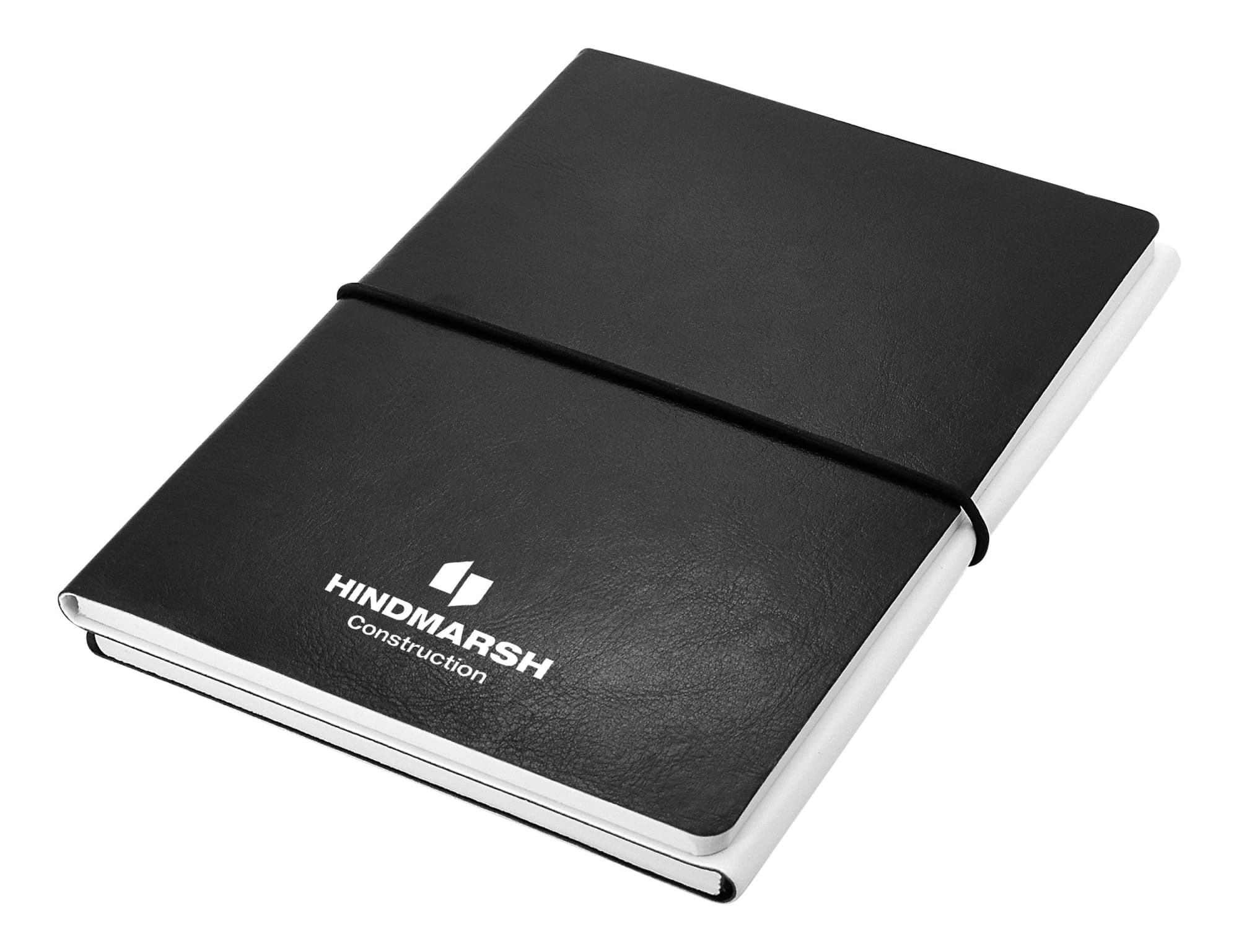 A black and white A5 notebook with a smooth cover and an elastic band, featuring a logo on the front. Two to Tango A5 Notebook, Black/White - Image 1