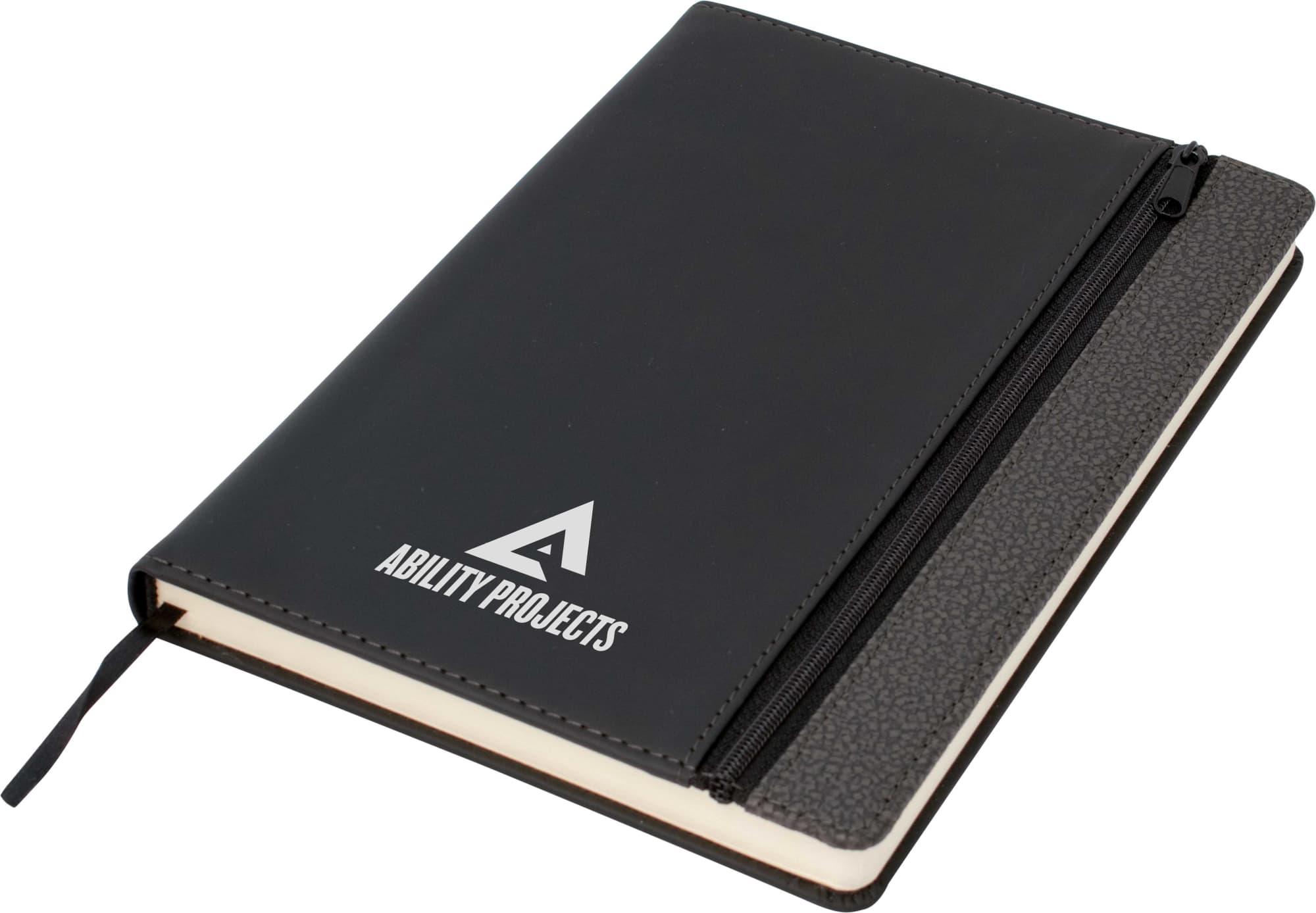 A black A5 notebook with a dark grey trim and a zippered pocket. Features a logo on the cover. Toronto A5 Notebook,Black/Dark Grey Trim - Image 1