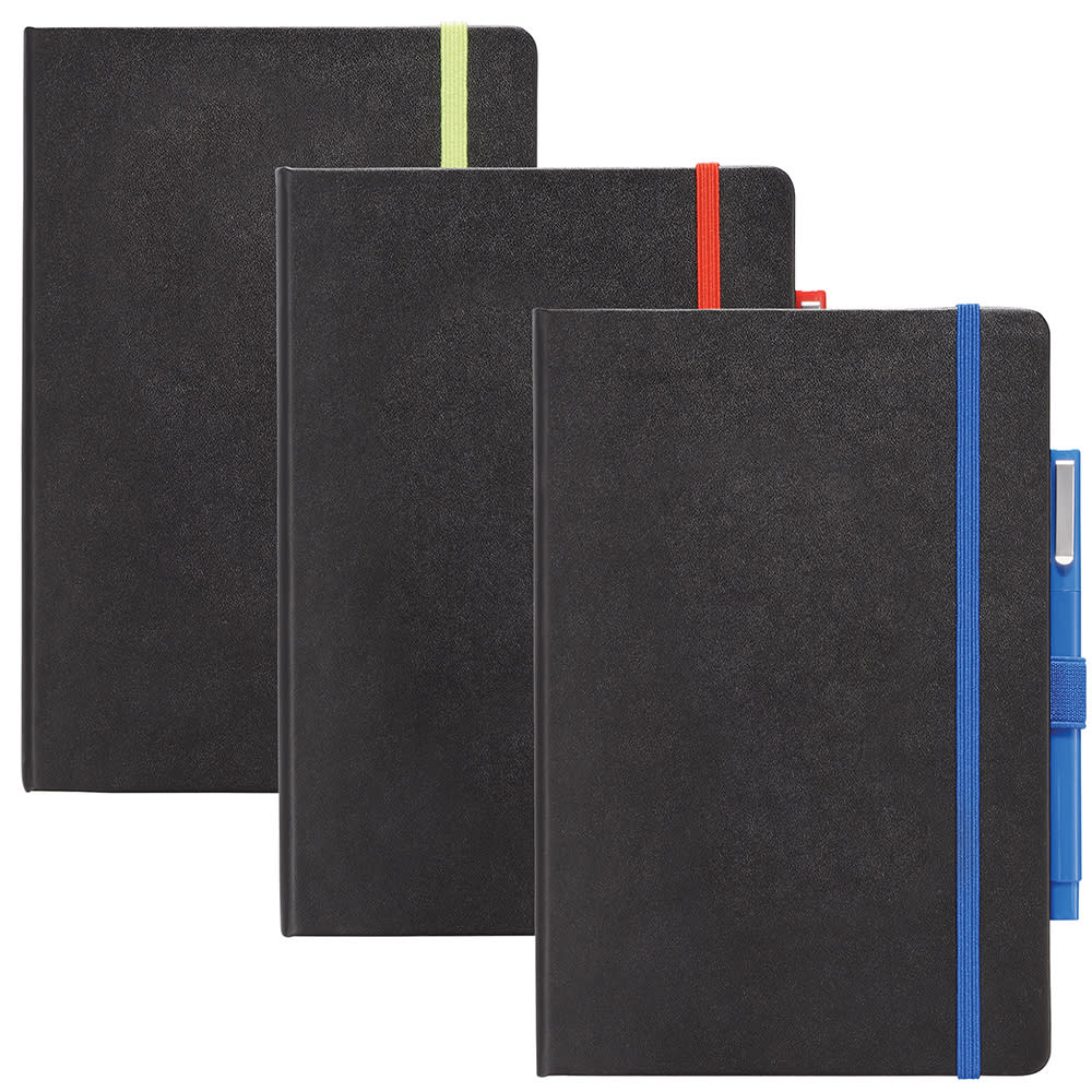 A bound journal book in black with coloured elastic bands in green, red, and blue. It features a logo on the front. Nova Colour Pop Bound JournalBook - Image 1