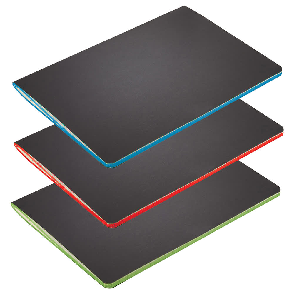 Three Colour Pop Saddlestitch JournalBooks with black covers and coloured edges in blue, red, and green. Colour Pop Saddlestitch JournalBook - Image 1