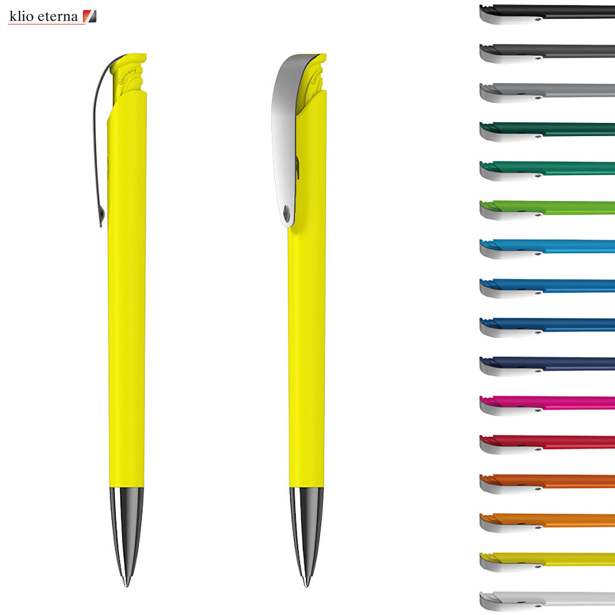 A bright yellow plastic pen with a click mechanism and silver clip, alongside a variety of other coloured pens. Jona MM - Image 1
