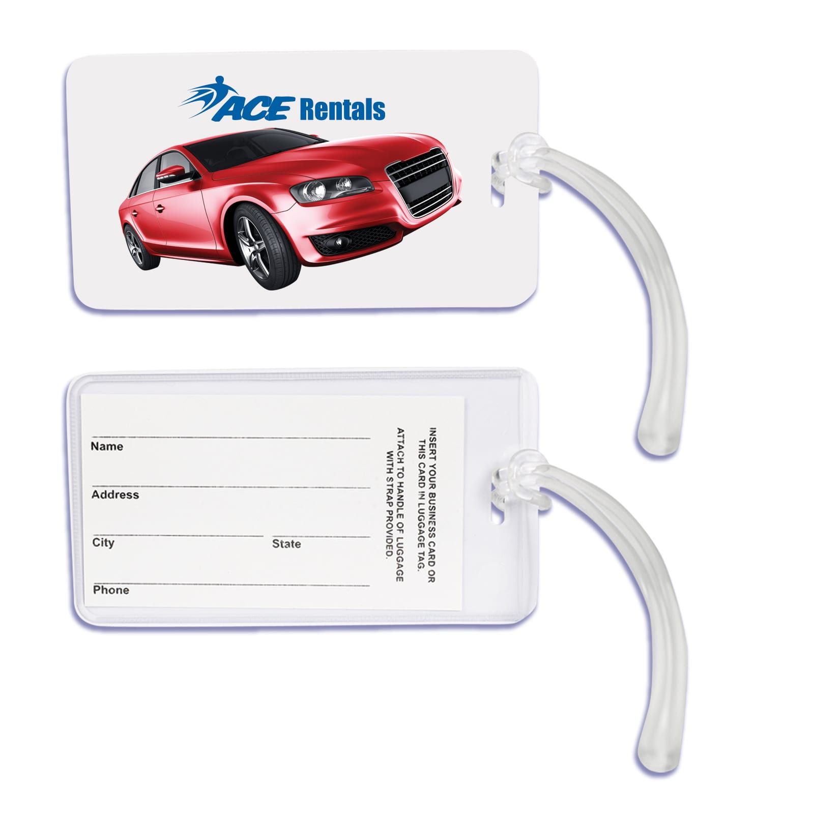 A luggage tag featuring a red car design and a clear backing for personal information, with a logo. Monte Carlo Luggage Tag - Image 1