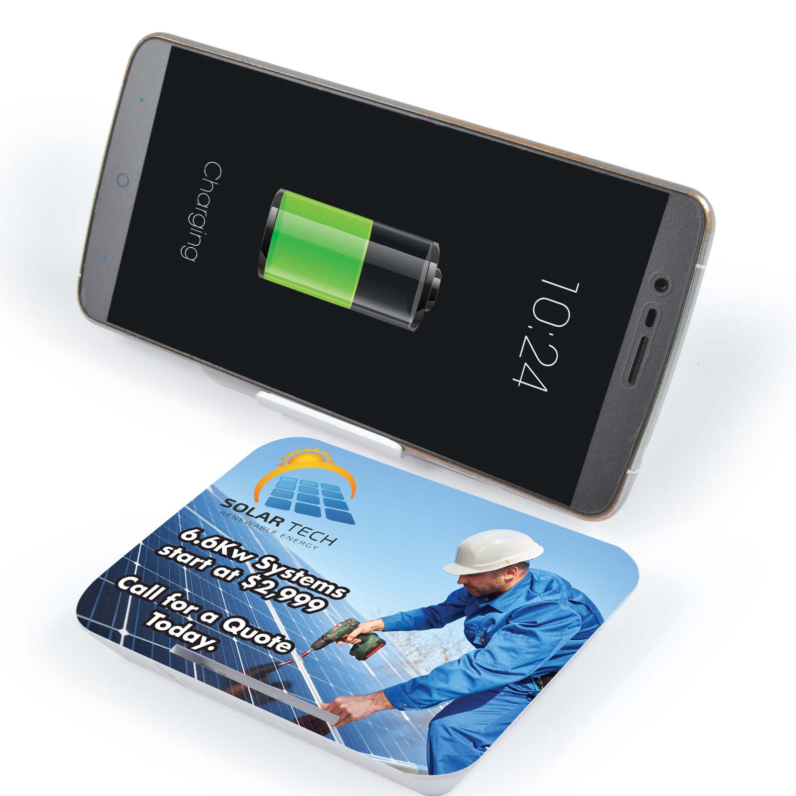 A wireless charger with a sleek design and a smartphone on top displaying a battery charging icon. Proton Wireless Charger - Image 1