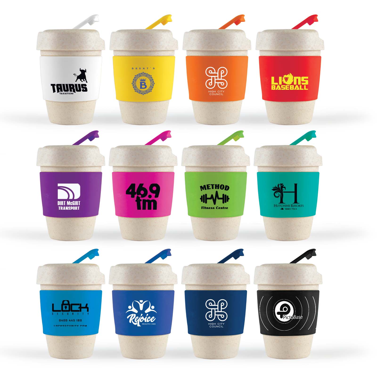 A collection of reusable coffee cups in various colors, featuring silicone bands and diverse logos. Kick Eco Coffee Cup / Silicone Band - Image 1
