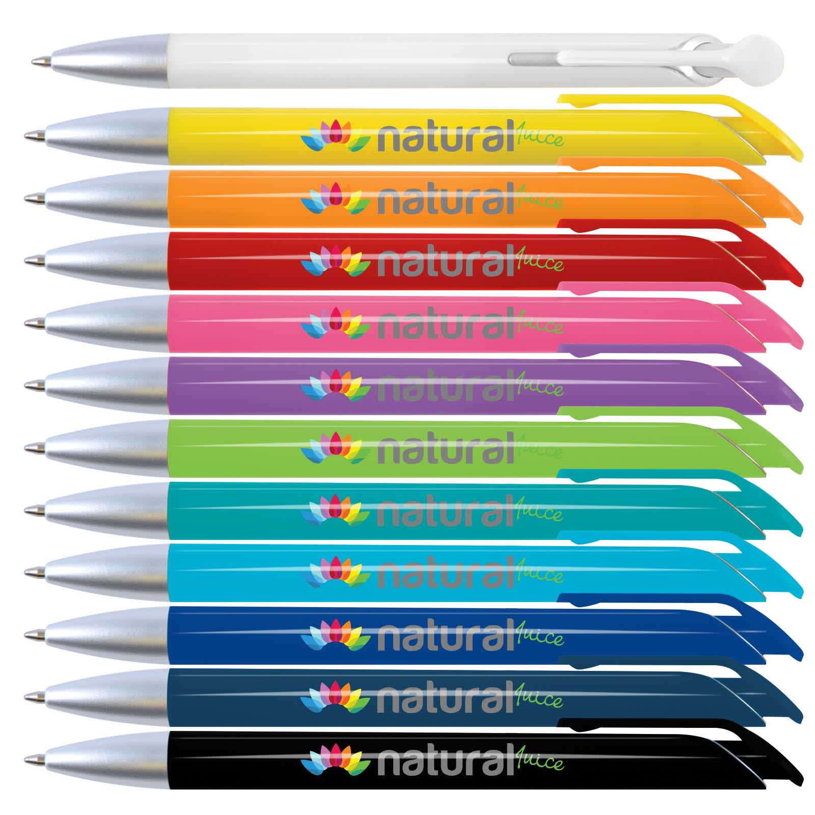 A collection of plastic pens in various colors, featuring silver tips and clips, with logos on each pen. Octave Pen - Image 1