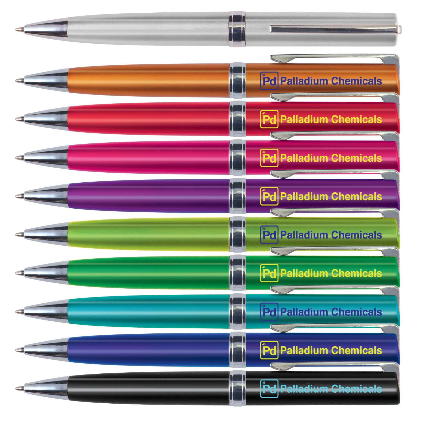 A collection of metallic pens in various colors, including silver, orange, red, purple, green, and blue, featuring branding. Gemini Metallic Pen - Image 1