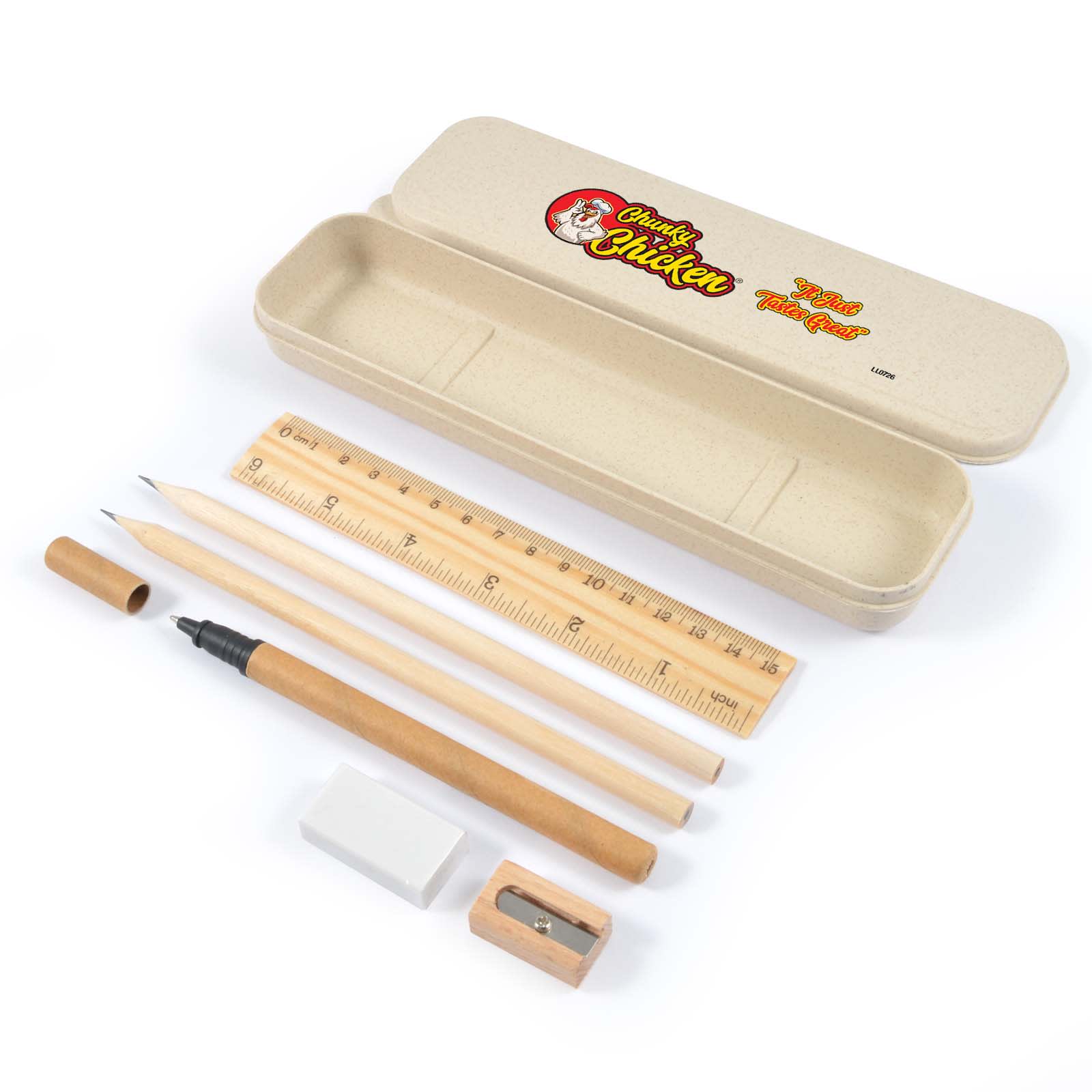 A stationery set featuring a storage case and includes a pencil, wooden ruler, sharpener, eraser, and a black pen. Element Stationery Set - Image 1