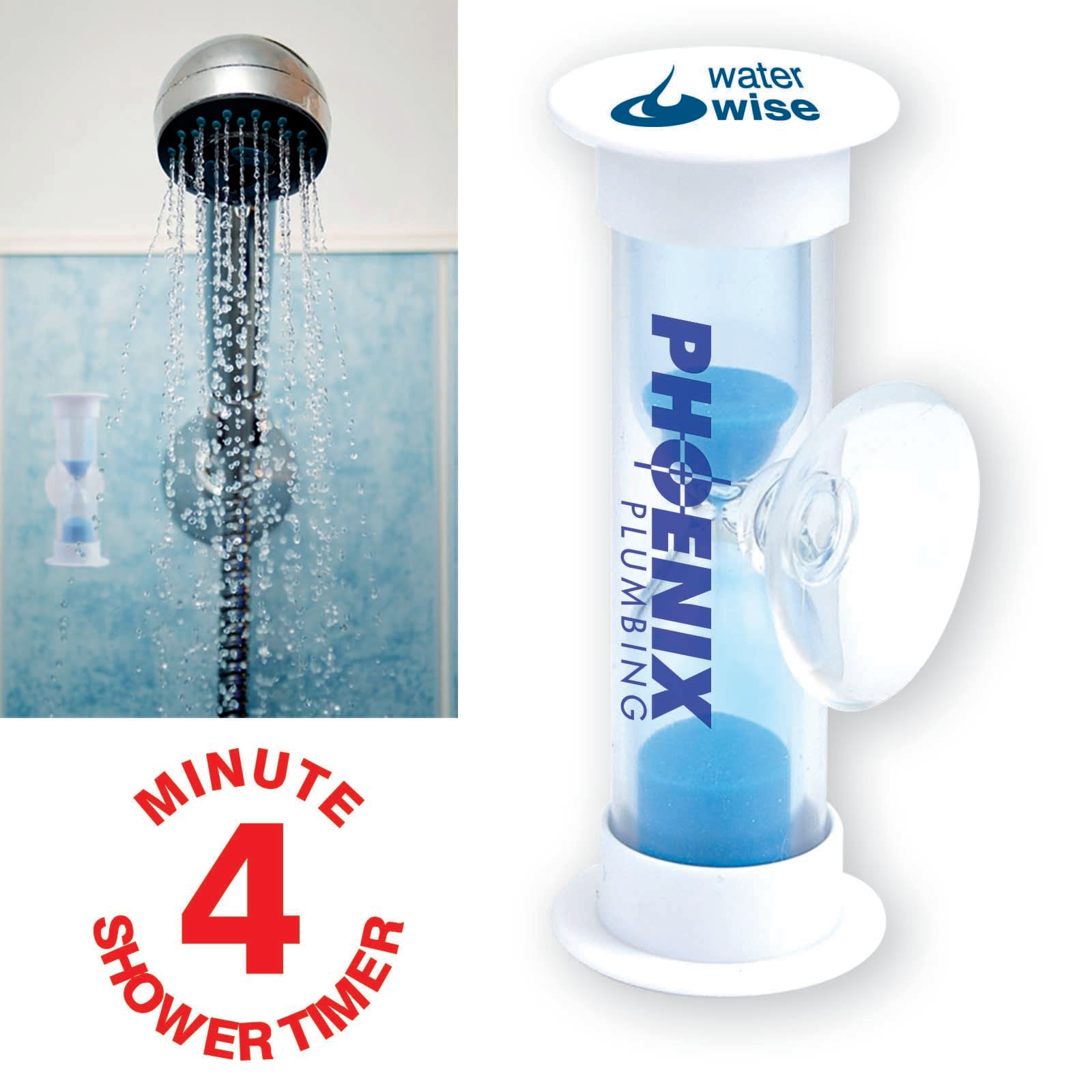 A transparent hourglass shower timer with blue sand, featuring a logo, alongside a shower head with water flowing. Water Saving Shower Timer - Image 1