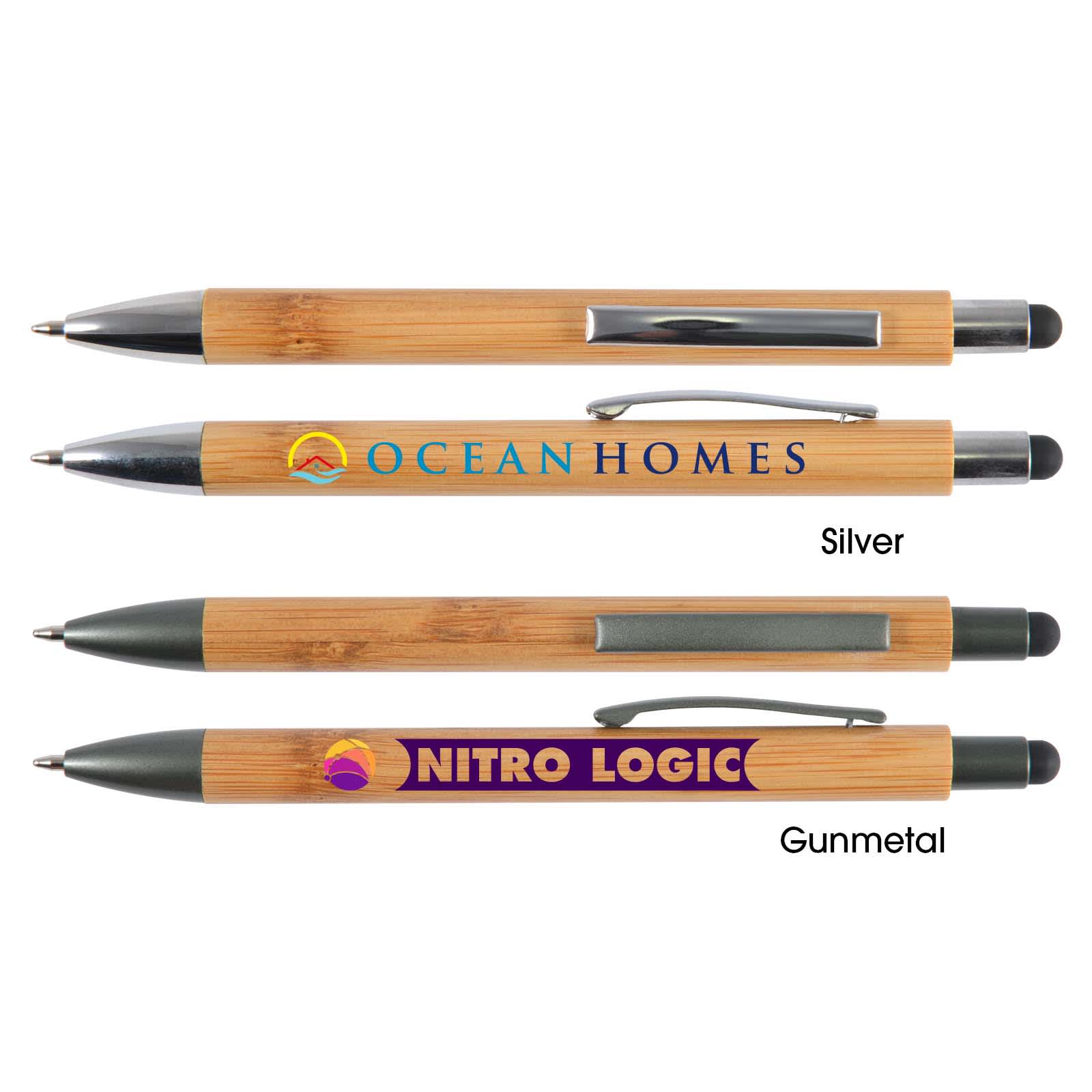 A set of Aspen bamboo pens in silver and gunmetal, featuring stylus tips and branding on the barrel. Aspen Bamboo Pen / Stylus - Image 1