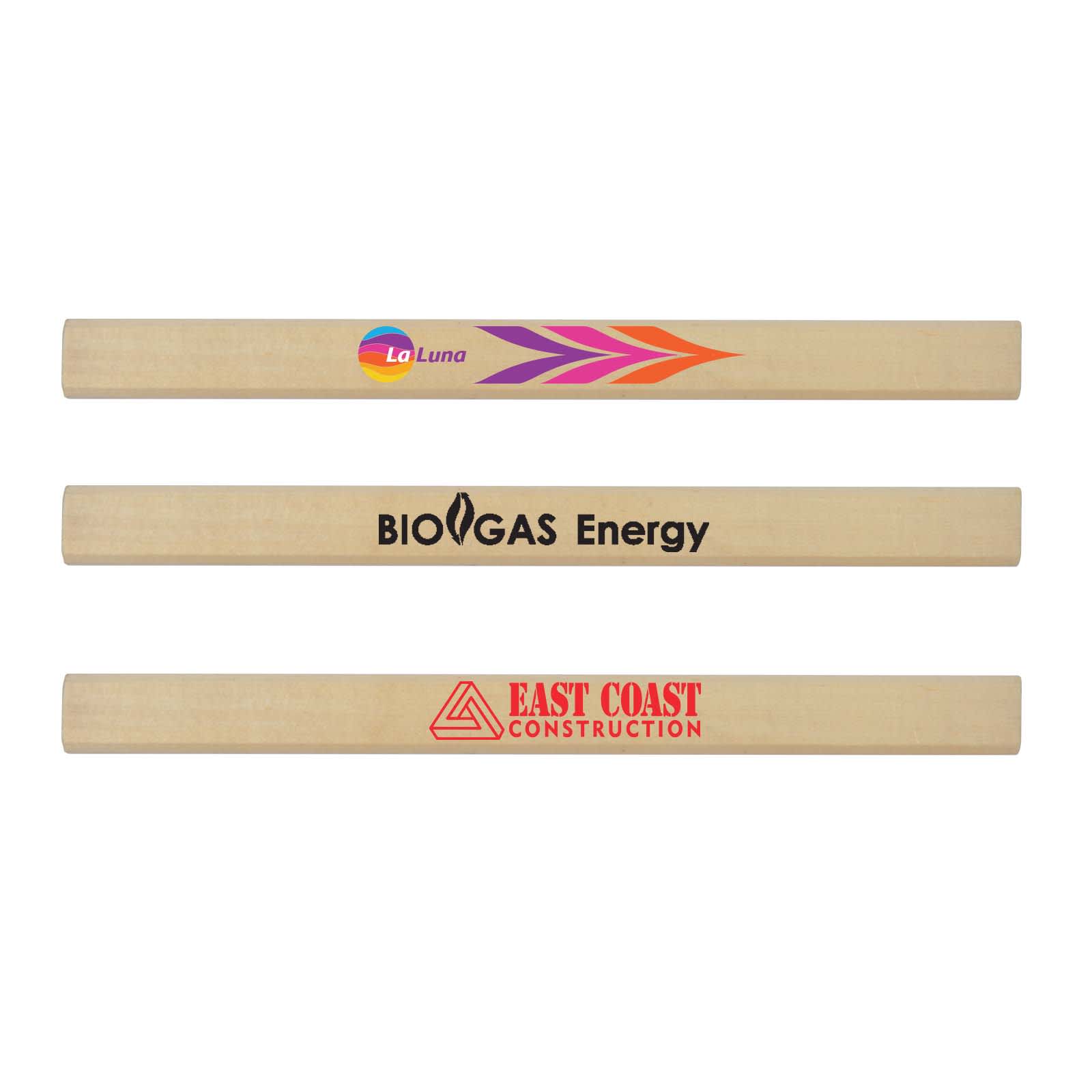 Three wooden carpenters' pencils in a natural finish with various logos printed in different colors. Chippy Carpenters Pencil - Image 1