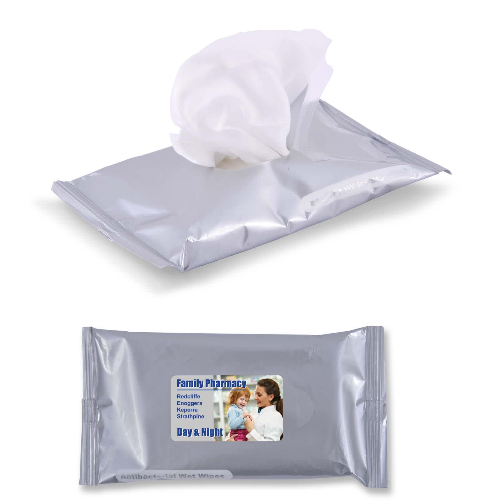 A silver pouch of wet wipes with a white tissue partially exposed. The pouch features a logo. H2O Wet Wipes - Image 1