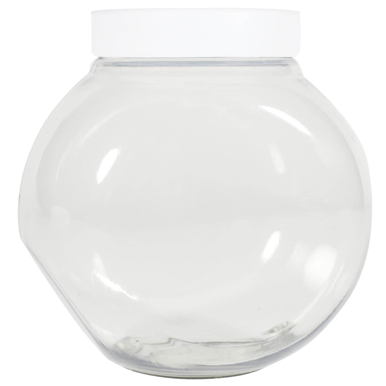 A plastic container with a white lid, featuring a round, transparent design. Plastic Container - Image 1