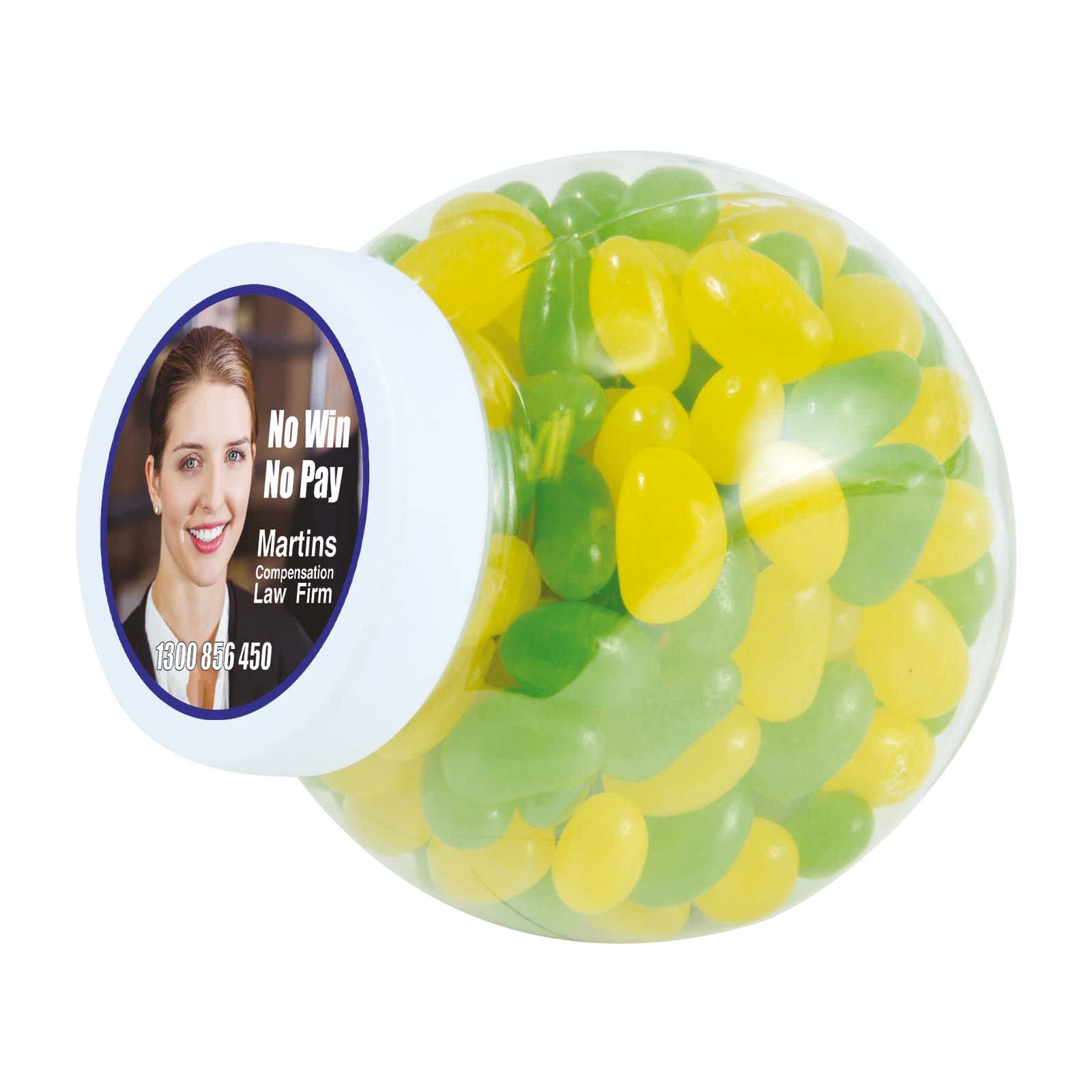 A clear container filled with green and yellow jelly beans, featuring a label with a logo and a portrait. Corporate Colour Mini Jelly Beans in Container - Image 1