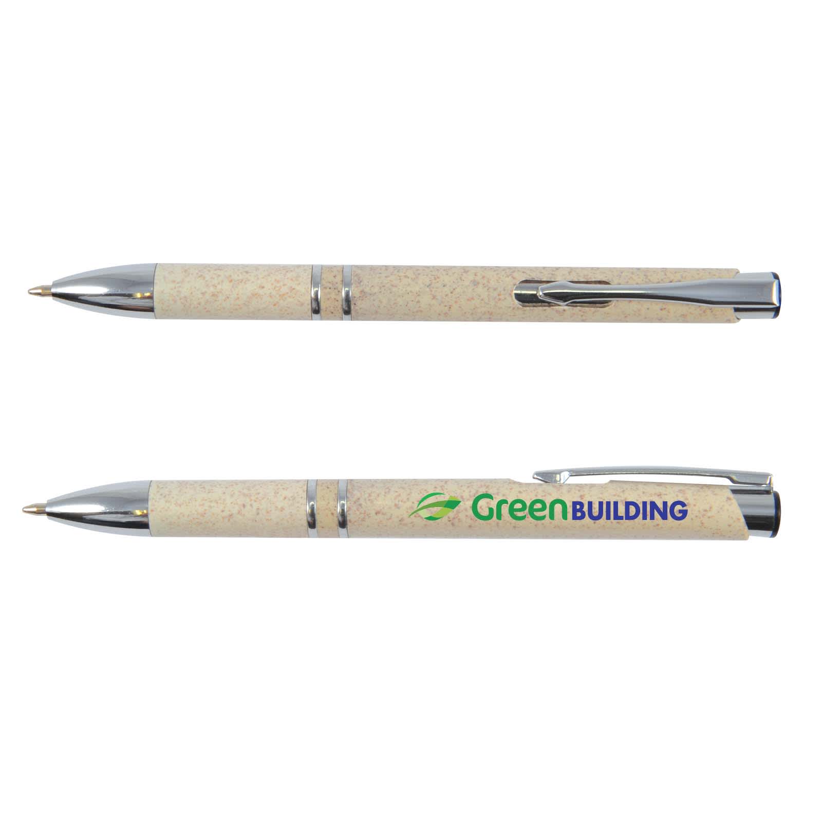 A creamy beige eco pen with a shiny silver clip and a logo on the barrel. Napier Eco Pen - Image 1
