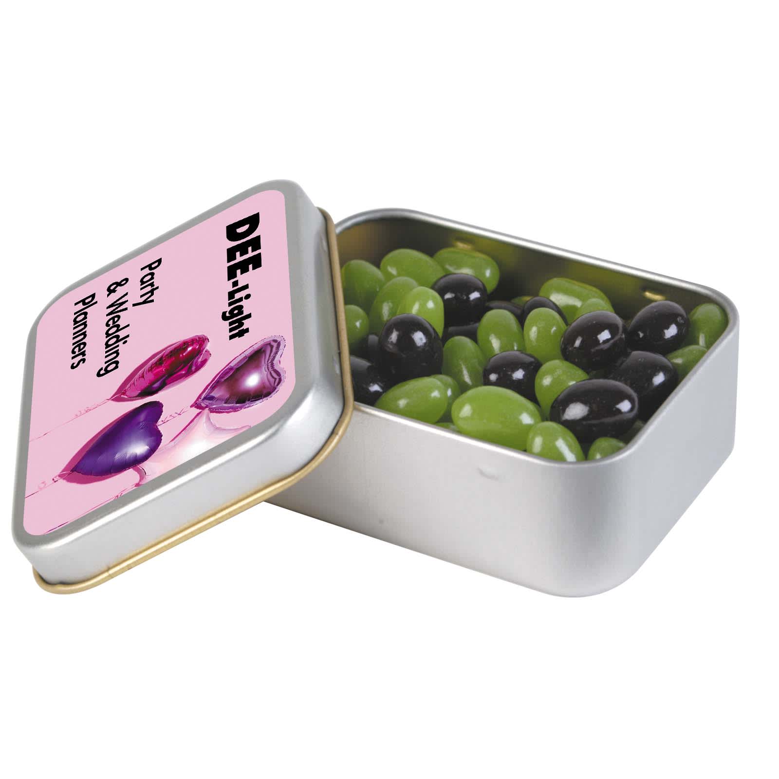 A rectangular silver tin filled with green and black jelly beans, labeled "DEE-Light Party & Wedding Promoters." Corporate Colour Mini Jelly Beans in Silver Rectangular Tin - Image 1