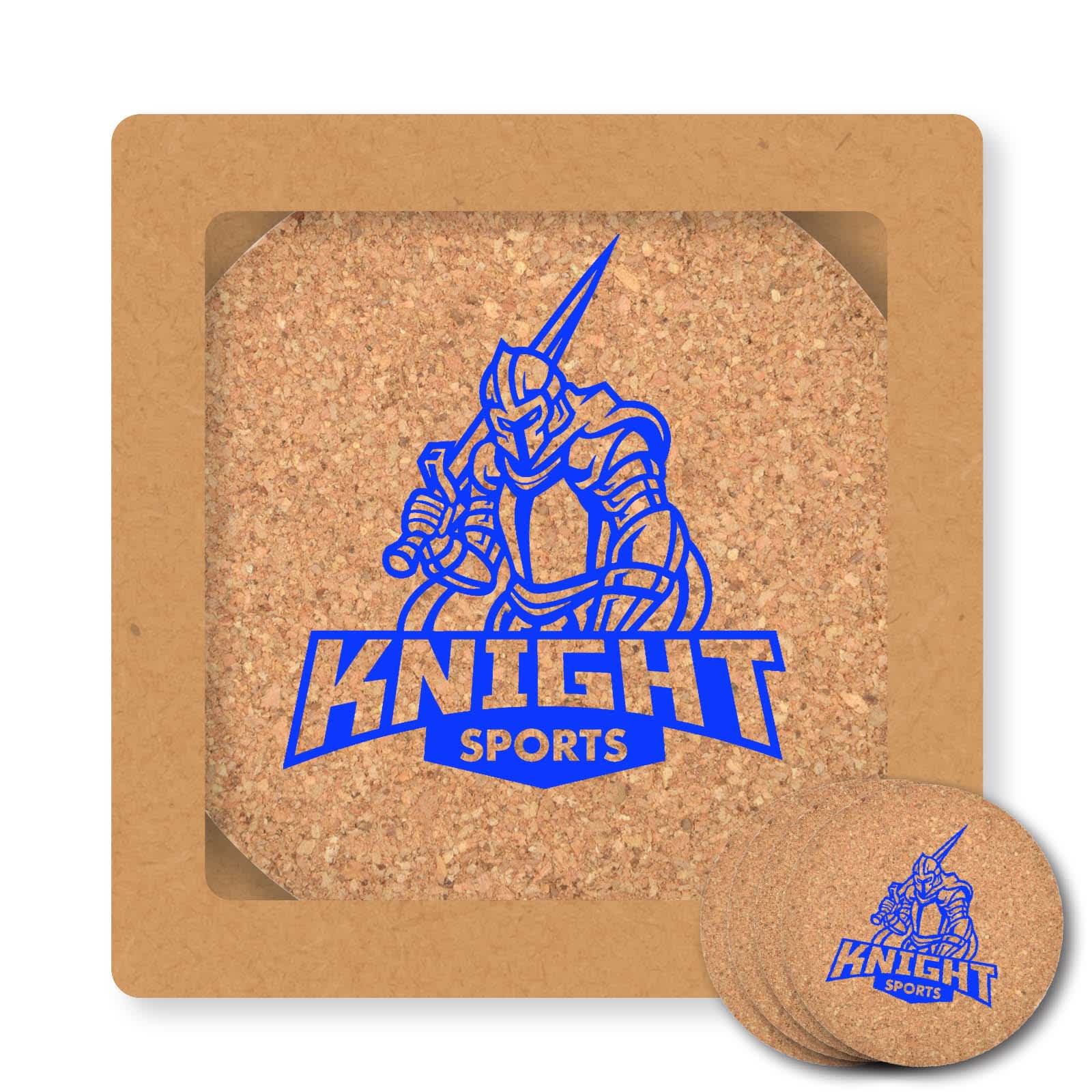 A set of four round cork coasters with a blue logo and design in a square cardboard packaging. Villa Cork Round Coaster - Set of 4 - Image 1
