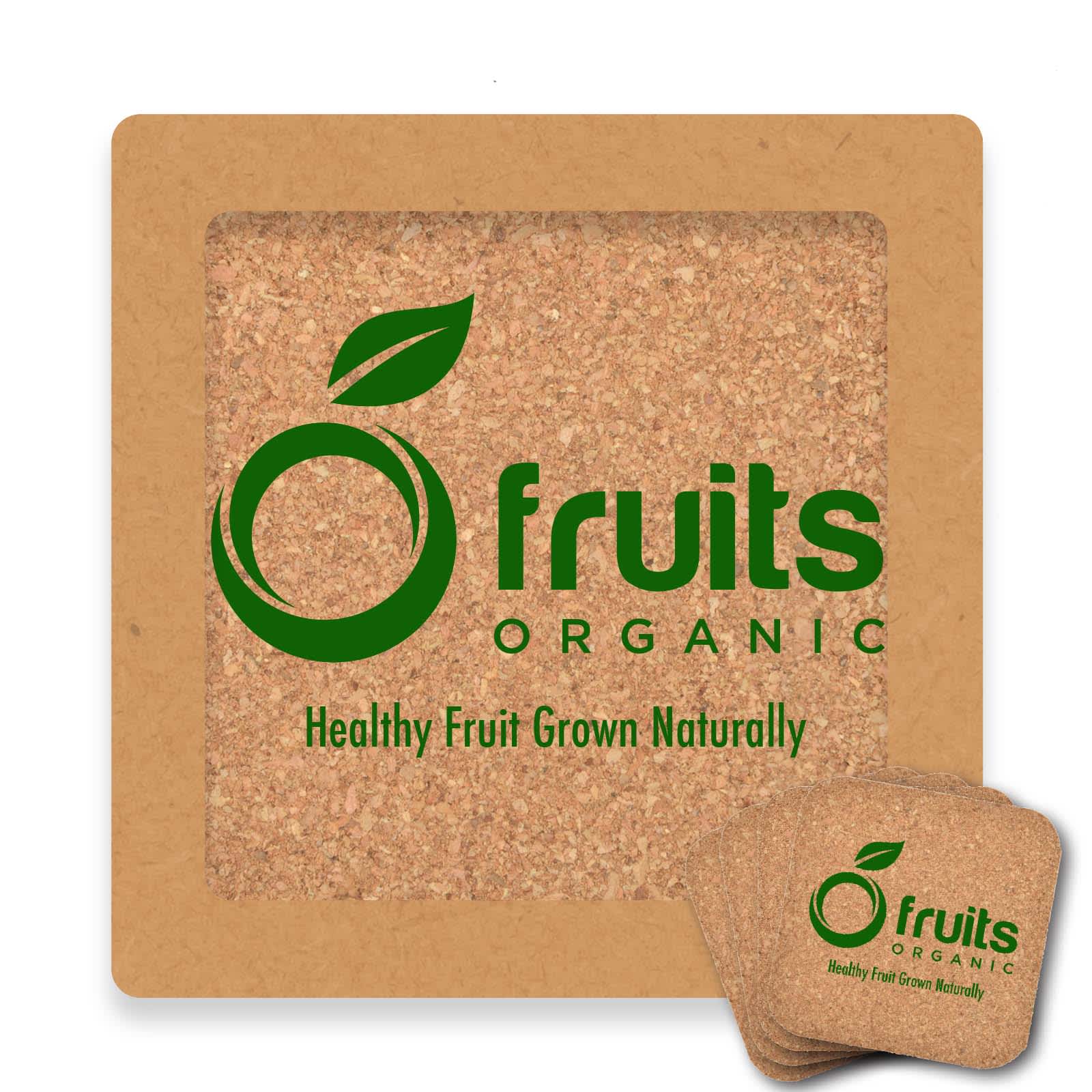 A square cork coaster with a natural brown color featuring a green logo and text. Set of four coasters included. Villa Cork Square Coaster - Set of 4 - Image 1