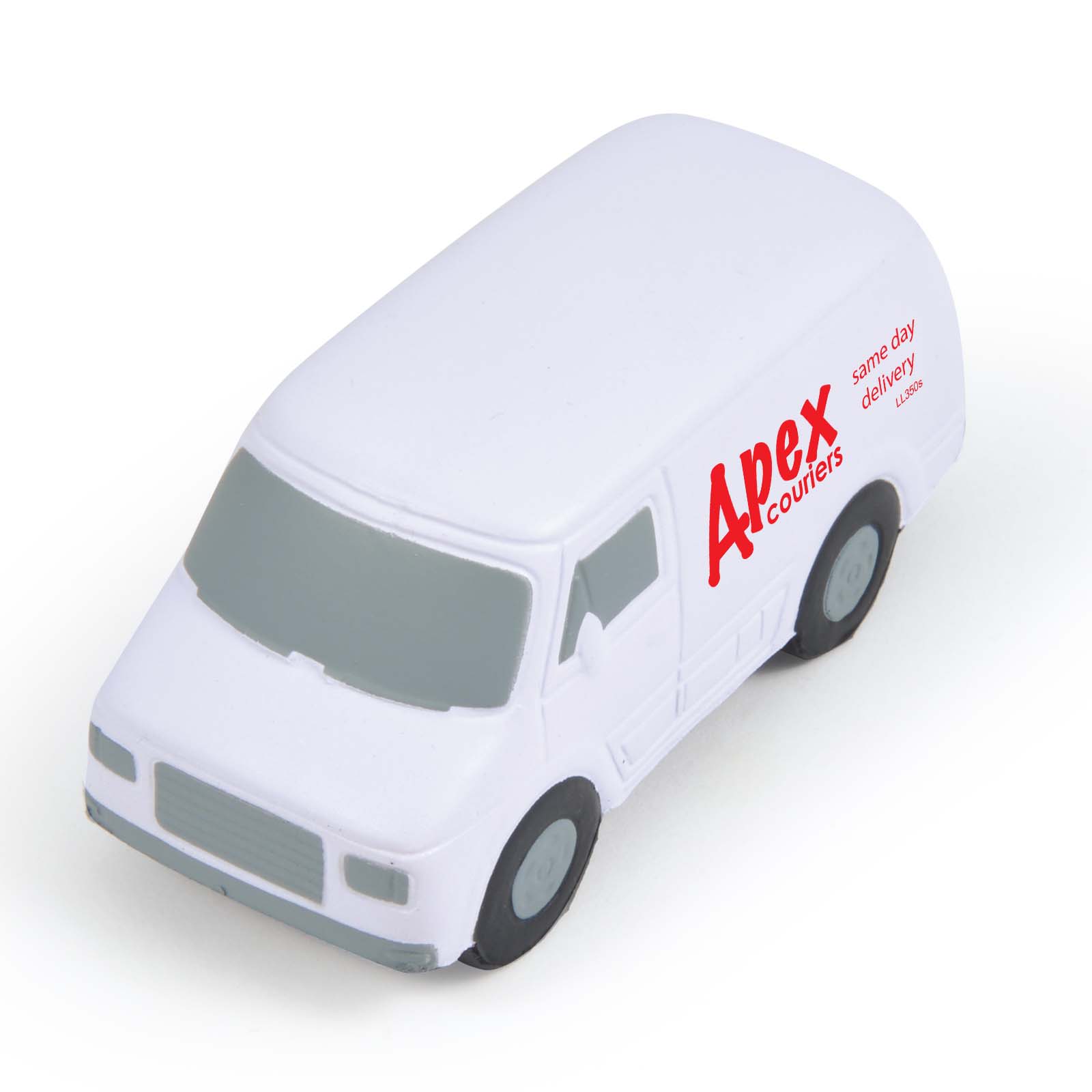 A white stress reliever in the shape of a transit van, featuring the text "Apex Couriers" and "same day delivery." Transit Van Stress Reliever - Image 1