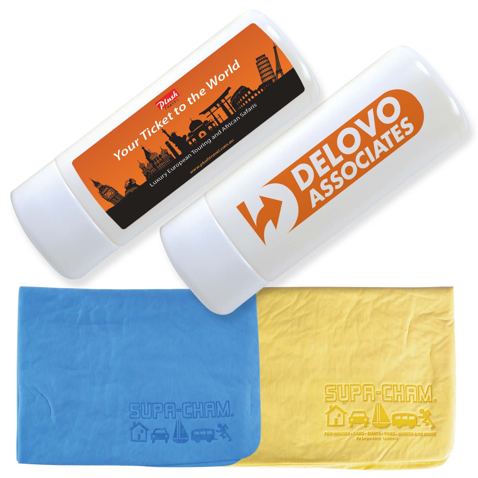 A promotional product featuring two chamois in blue and yellow, packaged in a white tube with logos. Supa Cham Chamois in Tube - Image 1