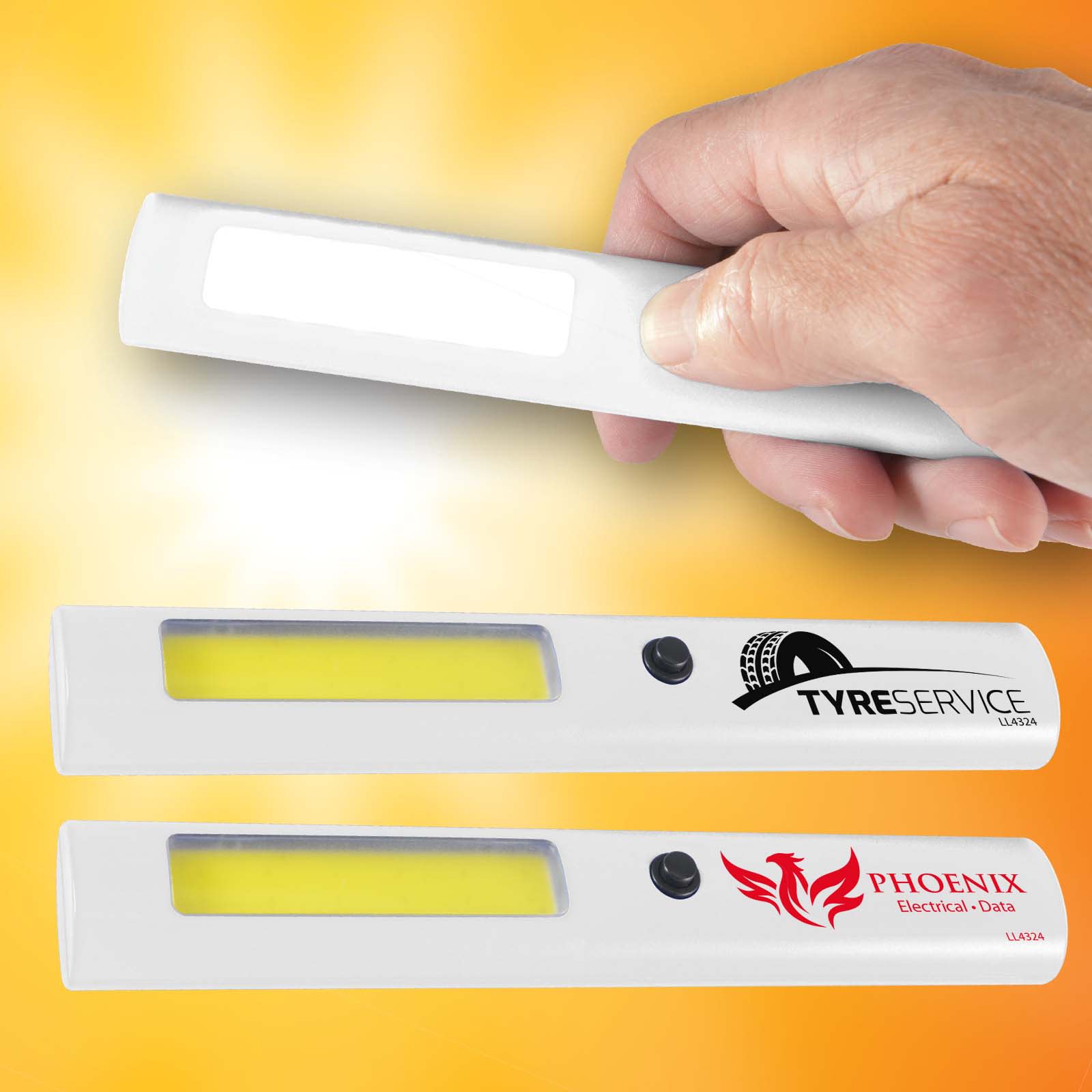 A hand holds a white LED torch with a yellow light strip, featuring two logos on its surface. Blaze Torch - Image 1