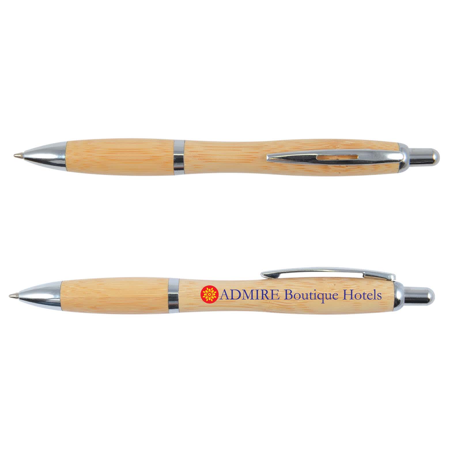 A bamboo pen featuring a sleek design with silver accents and a printed logo for "ADMIRE Boutique Hotels." Viva Bamboo Pen - Image 1