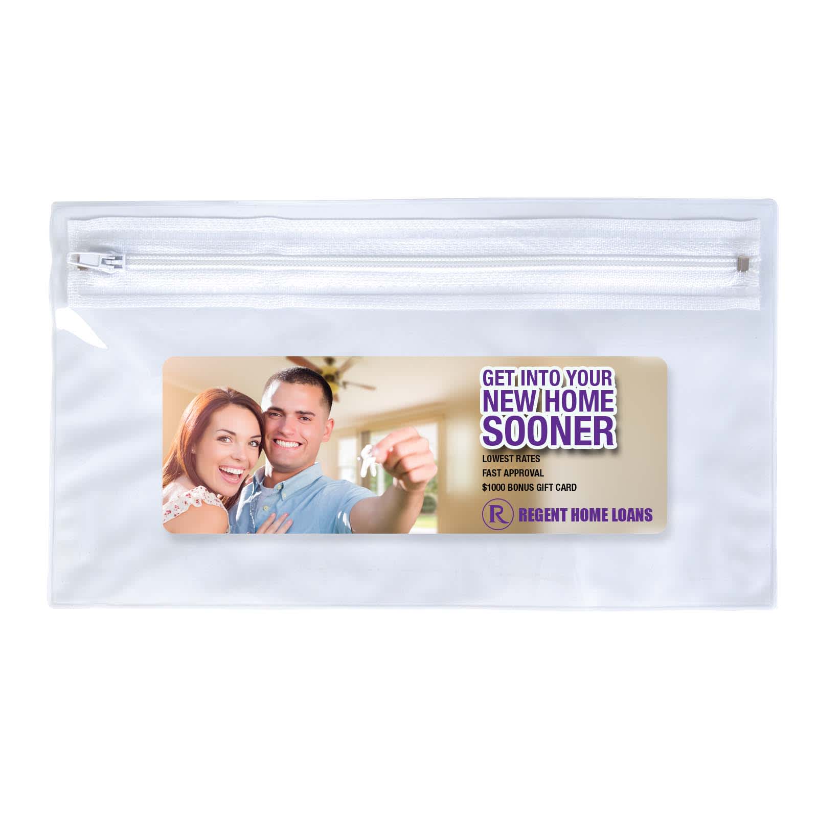 A clear pencil case with a zipper featuring a promotional image and branding, suitable for office use. Admire Pencil Case - Image 1