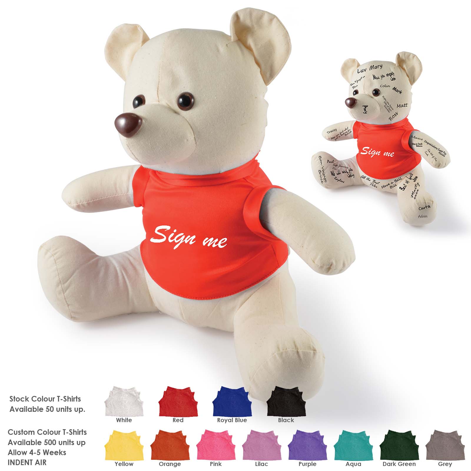 A cream-colored plush bear wearing a red T-shirt, surrounded by multiple bear figures and T-shirt color options. The Original Signature Calico Bear - Image 1