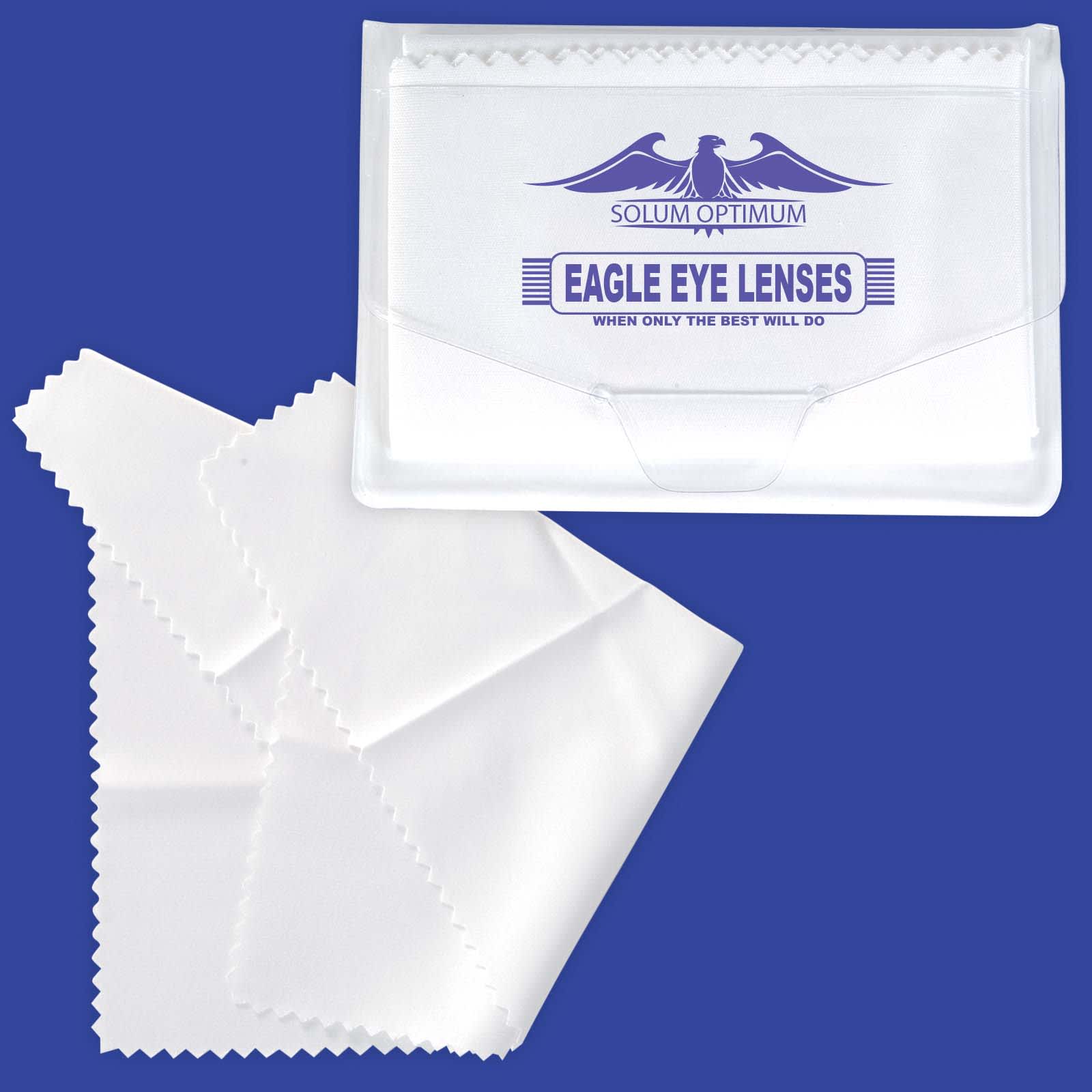 A white microfibre lens cleaning cloth with a clear case, featuring a logo and a textured edge. White Microfibre Lens Cloth - Image 1