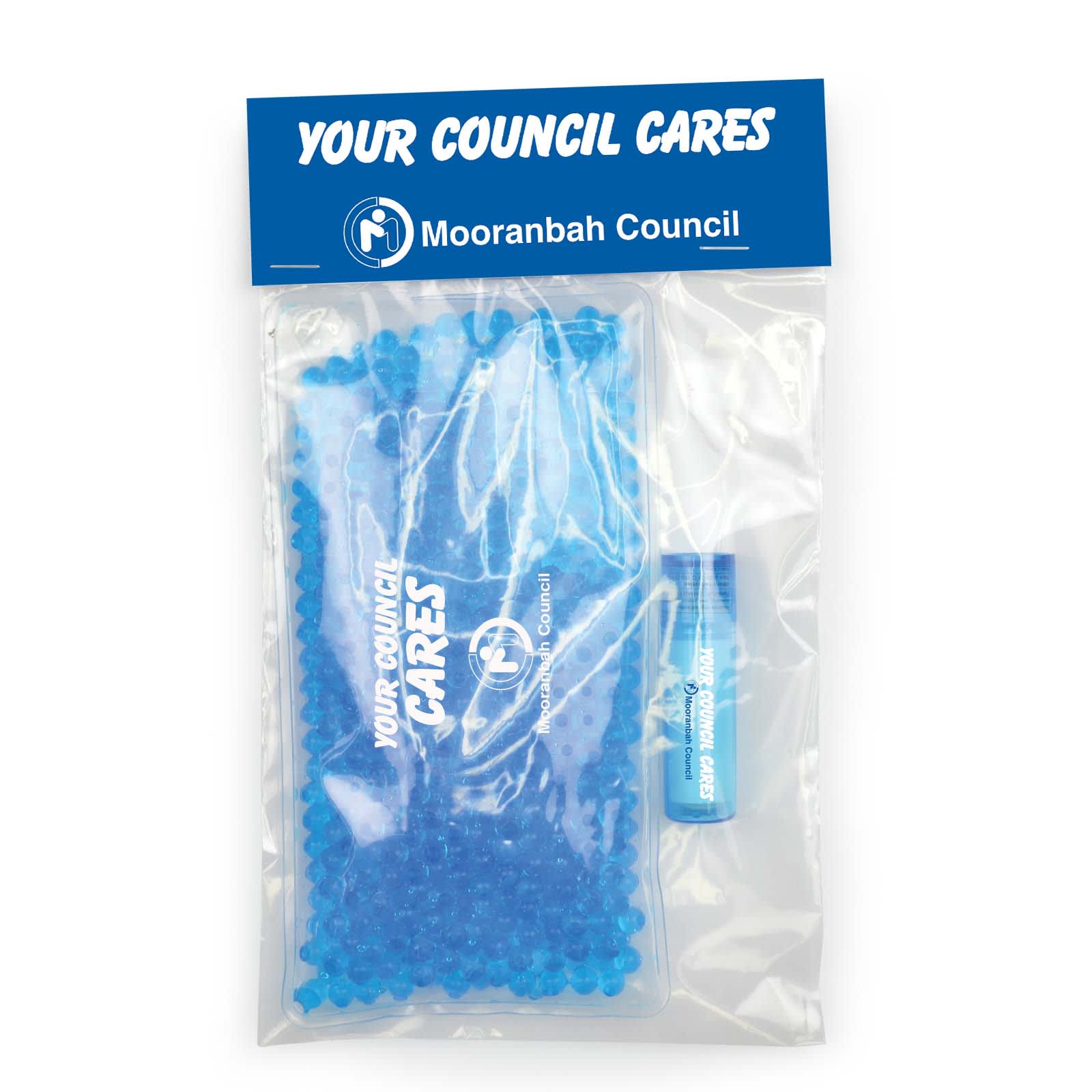 A clear plastic pack contains blue gel beads and a blue tube of lip balm, featuring a logo on the packaging. Wellness Pack - Image 1