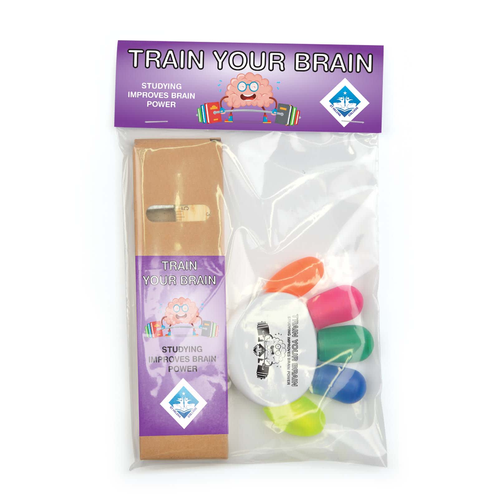A clear plastic bag containing a set of colorful markers and a brain-shaped cartoon character with a logo. Elevate School Pack - Image 1