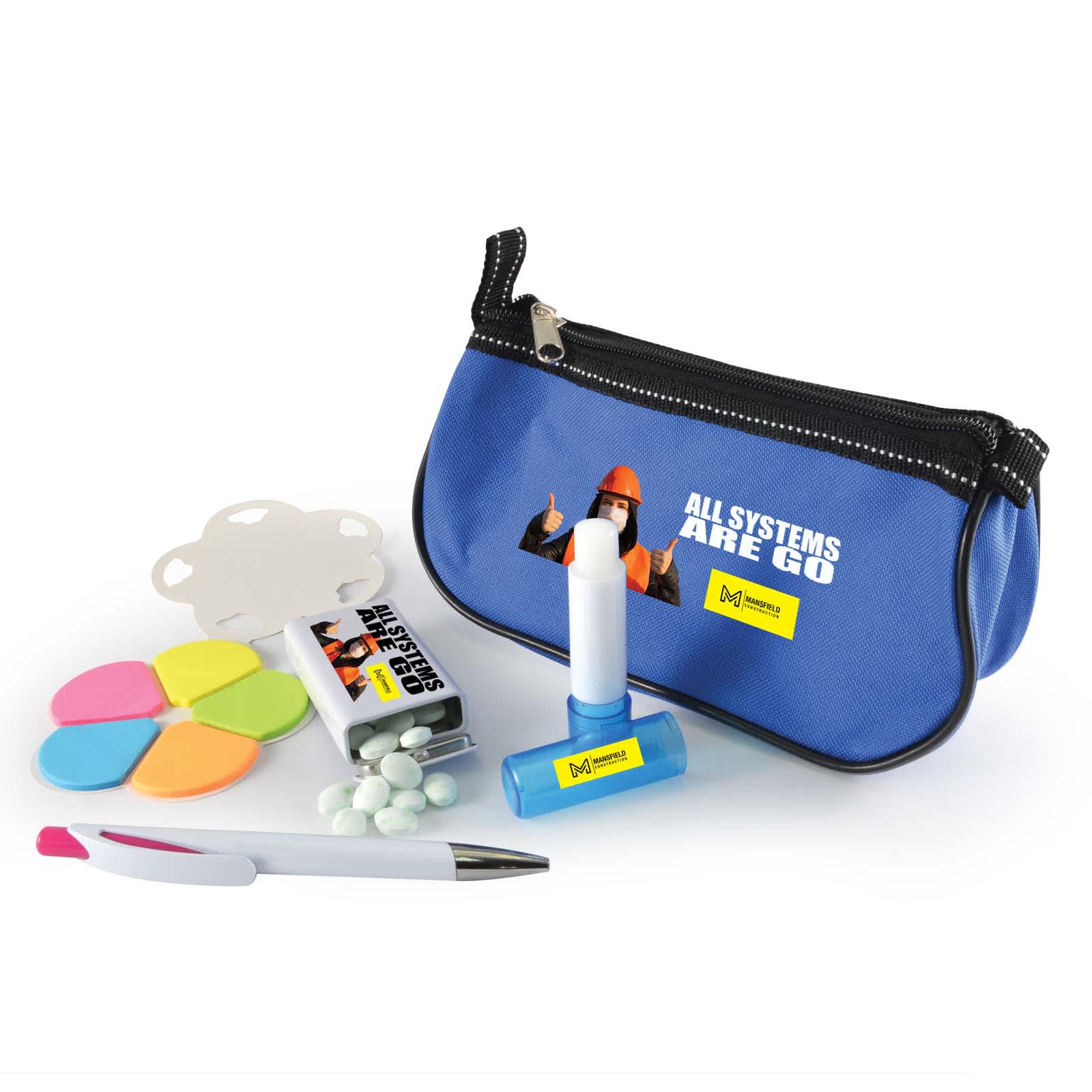 A blue pouch containing a pen, pastel-colored modeling clay, and white mints, alongside a white glue stick. Bravo Pack - Image 1