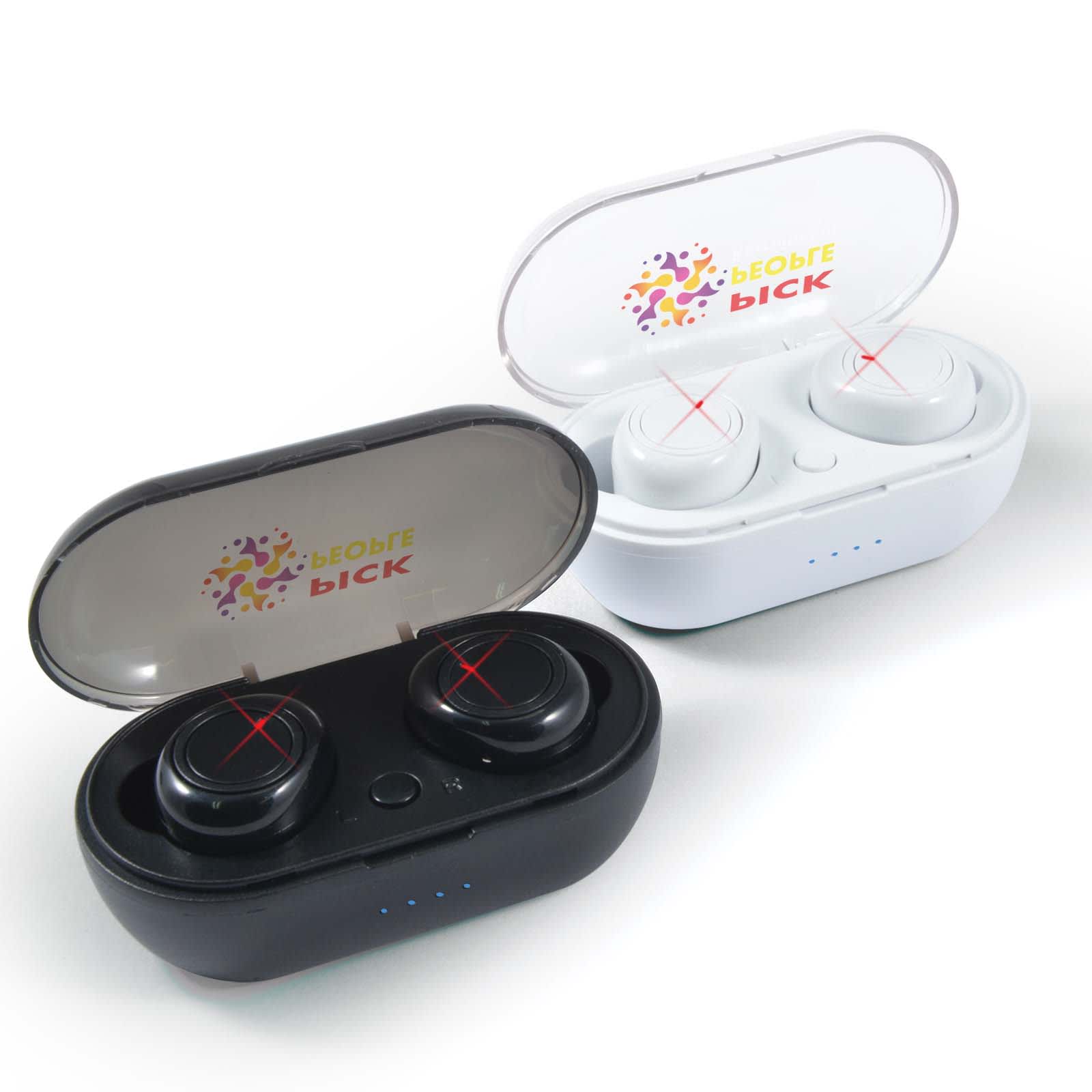 Wireless earbuds in black and white, housed in a compact charging case with a transparent lid and a logo. Tempest TWS Earbuds - Image 1