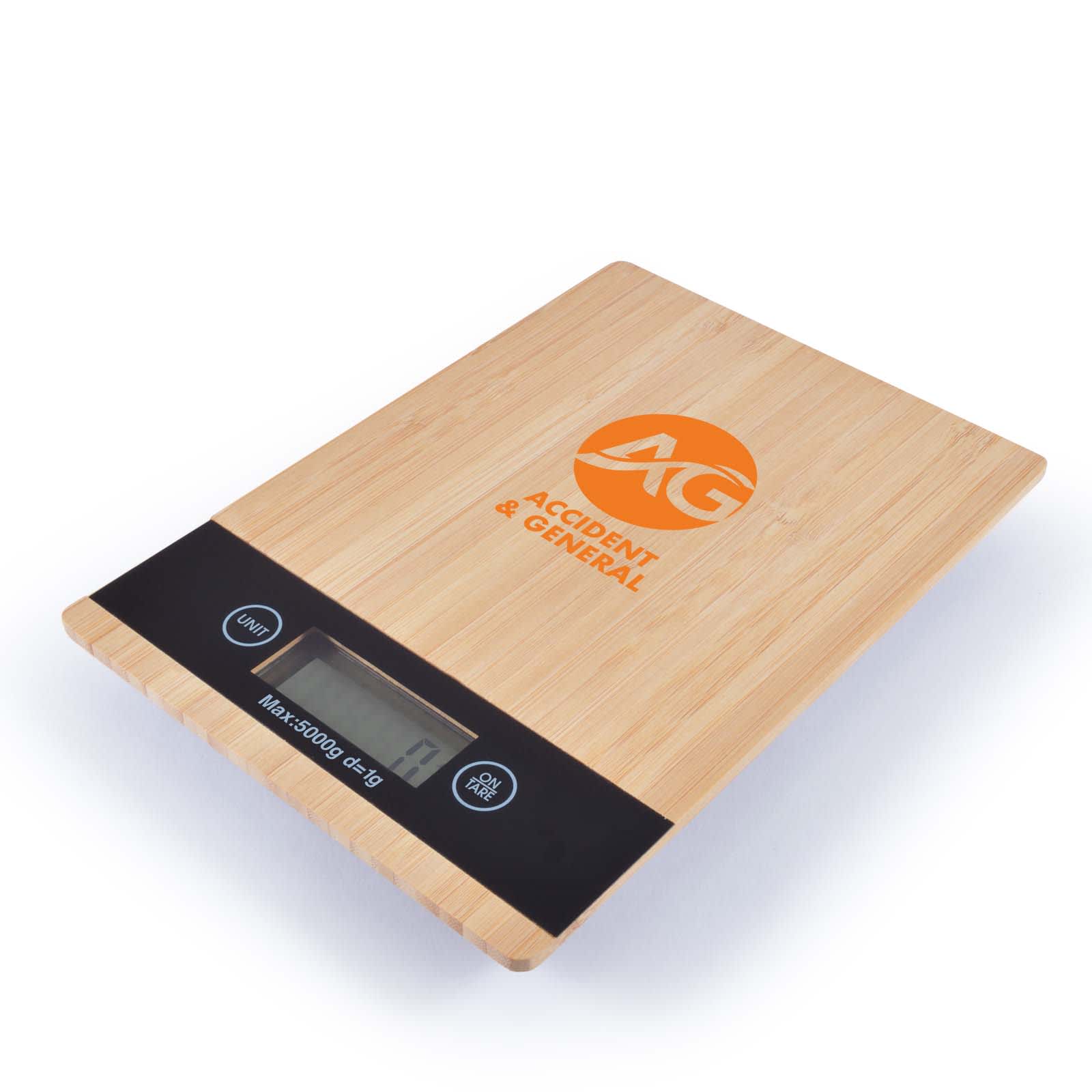 A wooden kitchen scale with a digital display and the logo "AG Accident & General" prominently featured on the surface. Hercules Kitchen Scales - Image 1