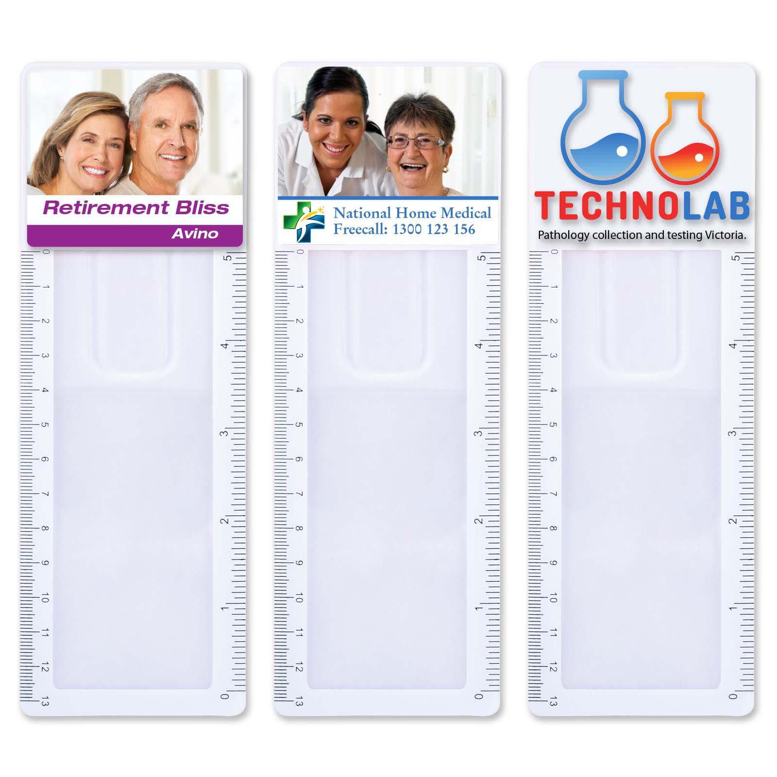 A set of three transparent bookmark magnifier rulers featuring colorful images and incorporated branding. Focus Bookmark Magnifier Ruler - Image 1