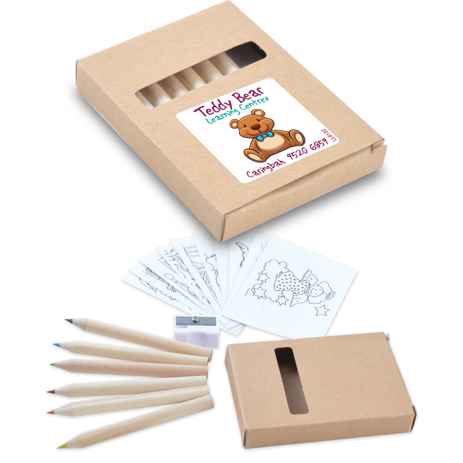 A colored pencil set in a cardboard box, featuring pencils in various colors and drawing sheets. Includes a sharpener. Activity Pencil Set - Image 1