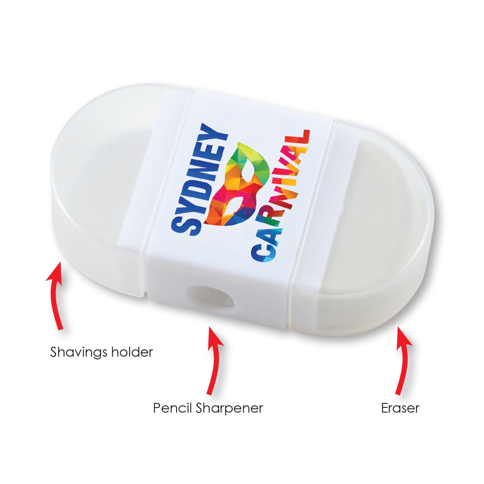 A white 2-in-1 pencil sharpener and eraser with a shavings holder and a logo. 2 in 1 Pencil Sharpener / Eraser - Image 1