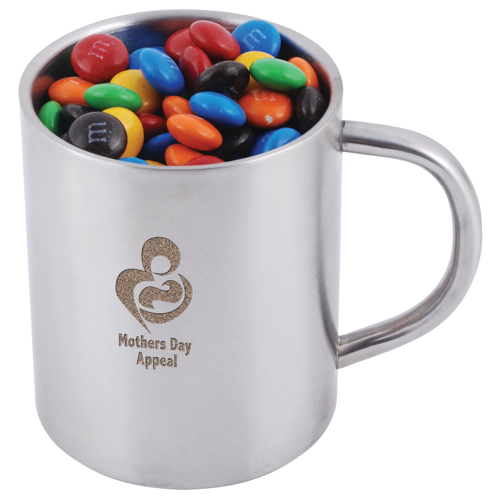 A stainless steel mug filled with colorful M&M's candies, featuring a logo that reads "Mothers Day Appeal." M&M's in Java Mug - Image 1