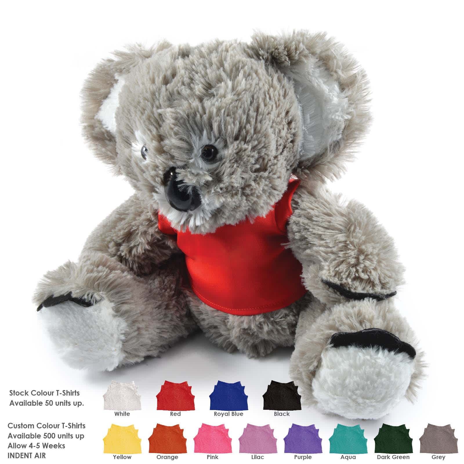 A plush koala toy in gray with a red shirt, featuring a black nose and paws. It has a logo on the shirt. Korporate Koala - Image 1