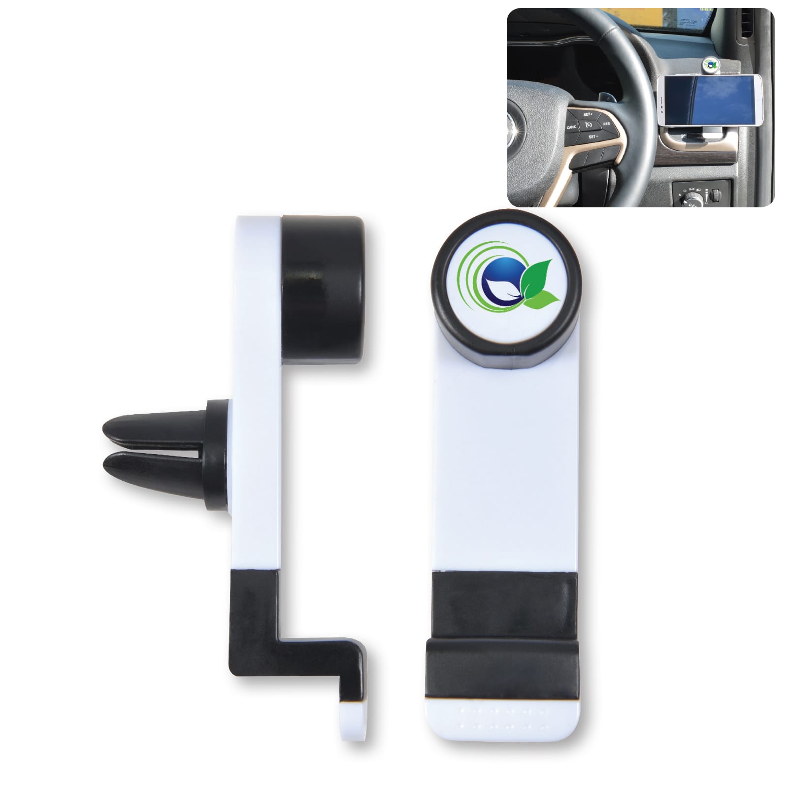 A white car vent phone holder with black accents, featuring a circular branding logo on top. Rush Car Vent Phone Holder - Image 1