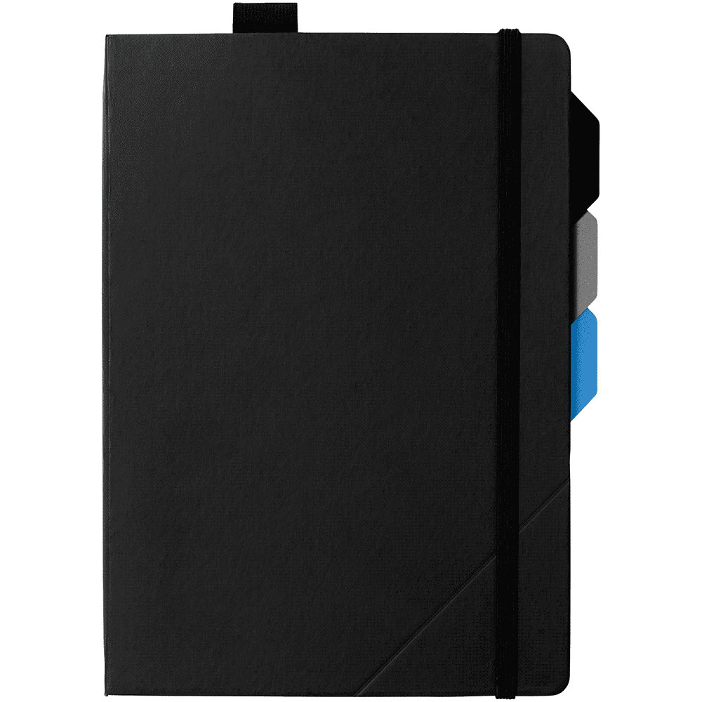 A black notebook with a textured cover, elastic band closure, and coloured tabbed dividers on the side. Marksman Alpha Notebook - Image 1