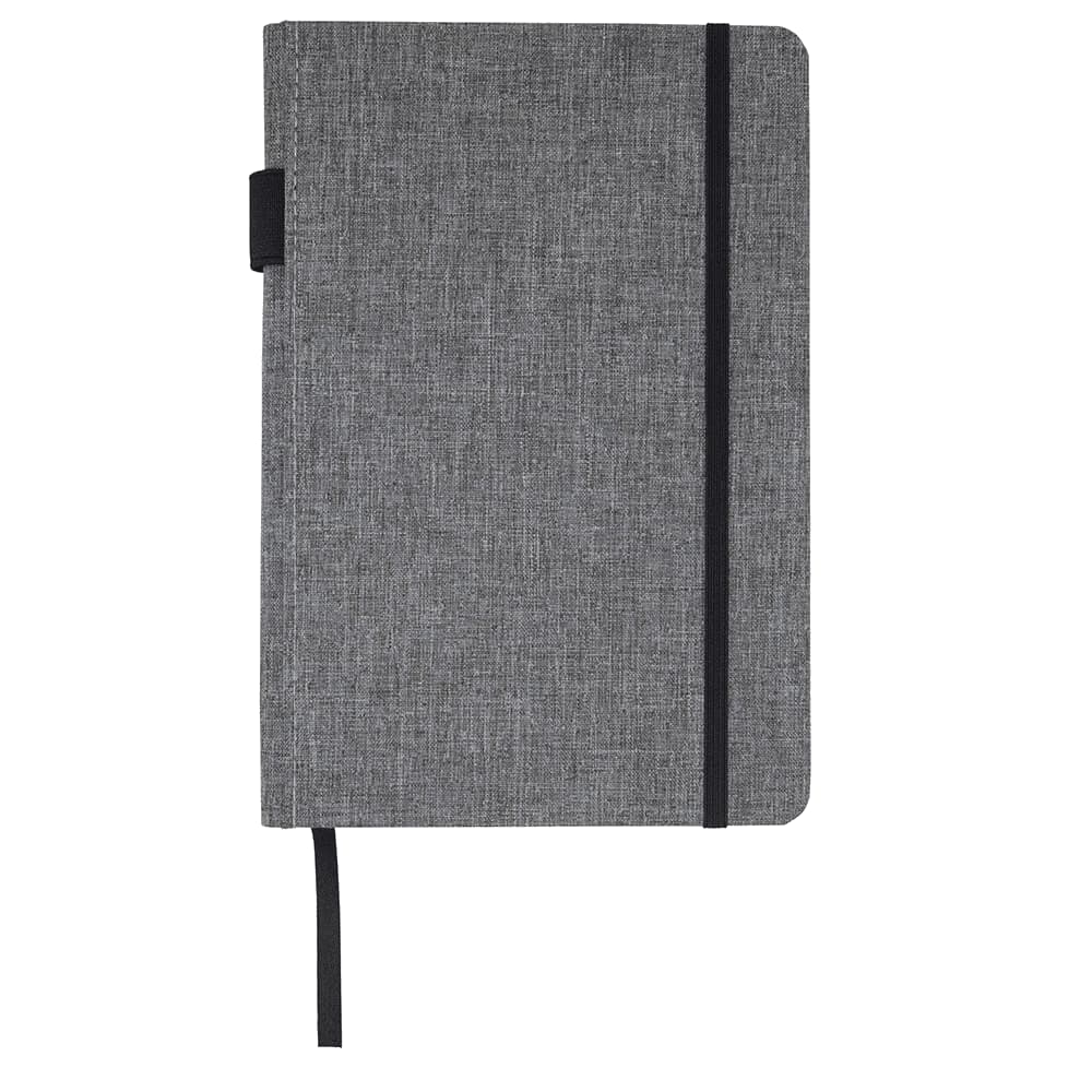 A grey A5 notebook with a textured cover, elastic band closure, and ribbon bookmark. It features a logo. Orin A5 RPET Notebook - Image 1