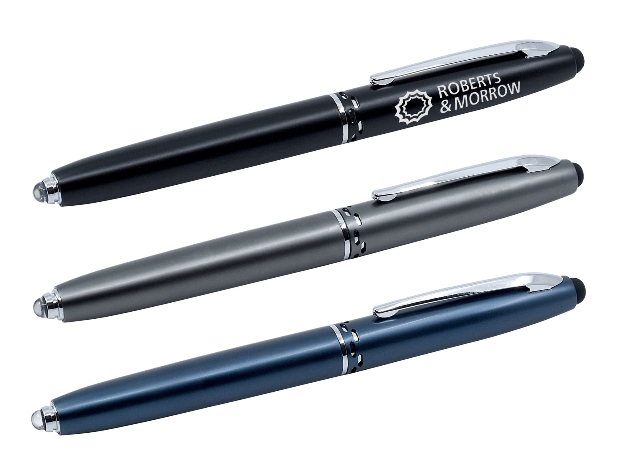 A collection of three stylus pens in black, grey, and navy blue, featuring silver accents and branding. Lux Stylus Pen & Torch - Image 1