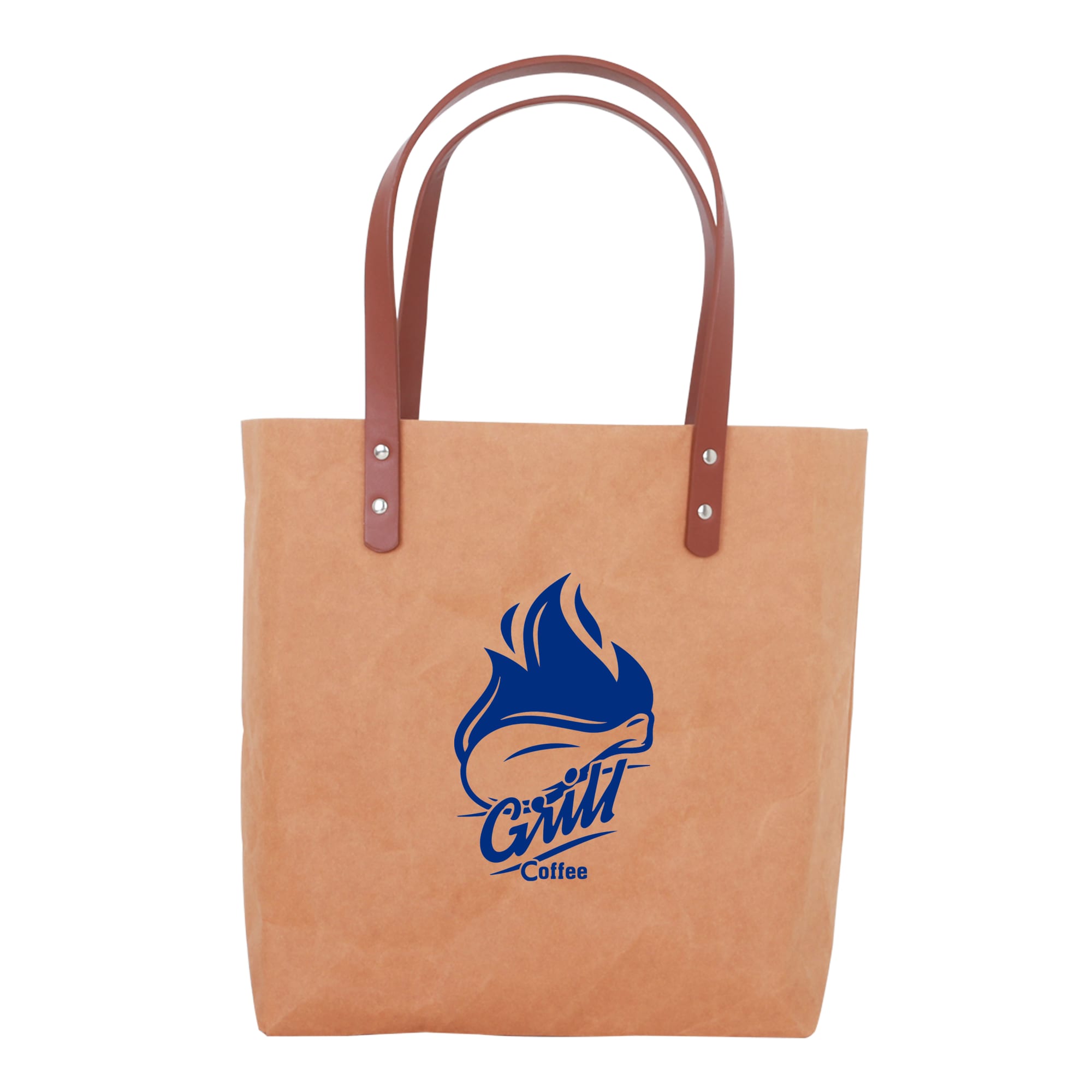 A washable kraft paper bag in brown with a PU handle and a logo printed on the front. Washable Kraft Paper Bag with PU Handle(390x330x100mm) - Image 1