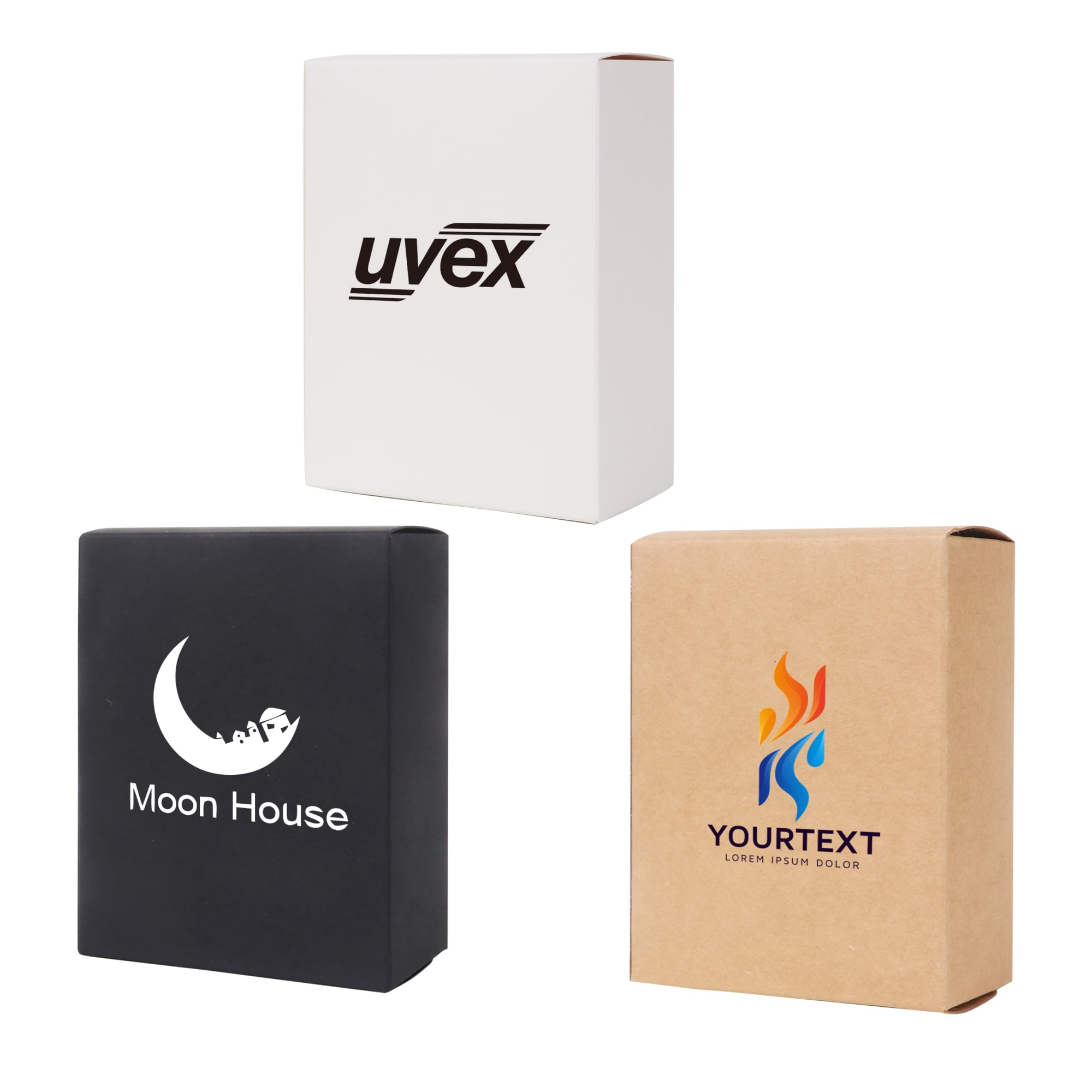 A collection of small square gift boxes in white, black, and brown, featuring various logos. Small Square Gift Box(100 x 130 x 50mm) - Image 1