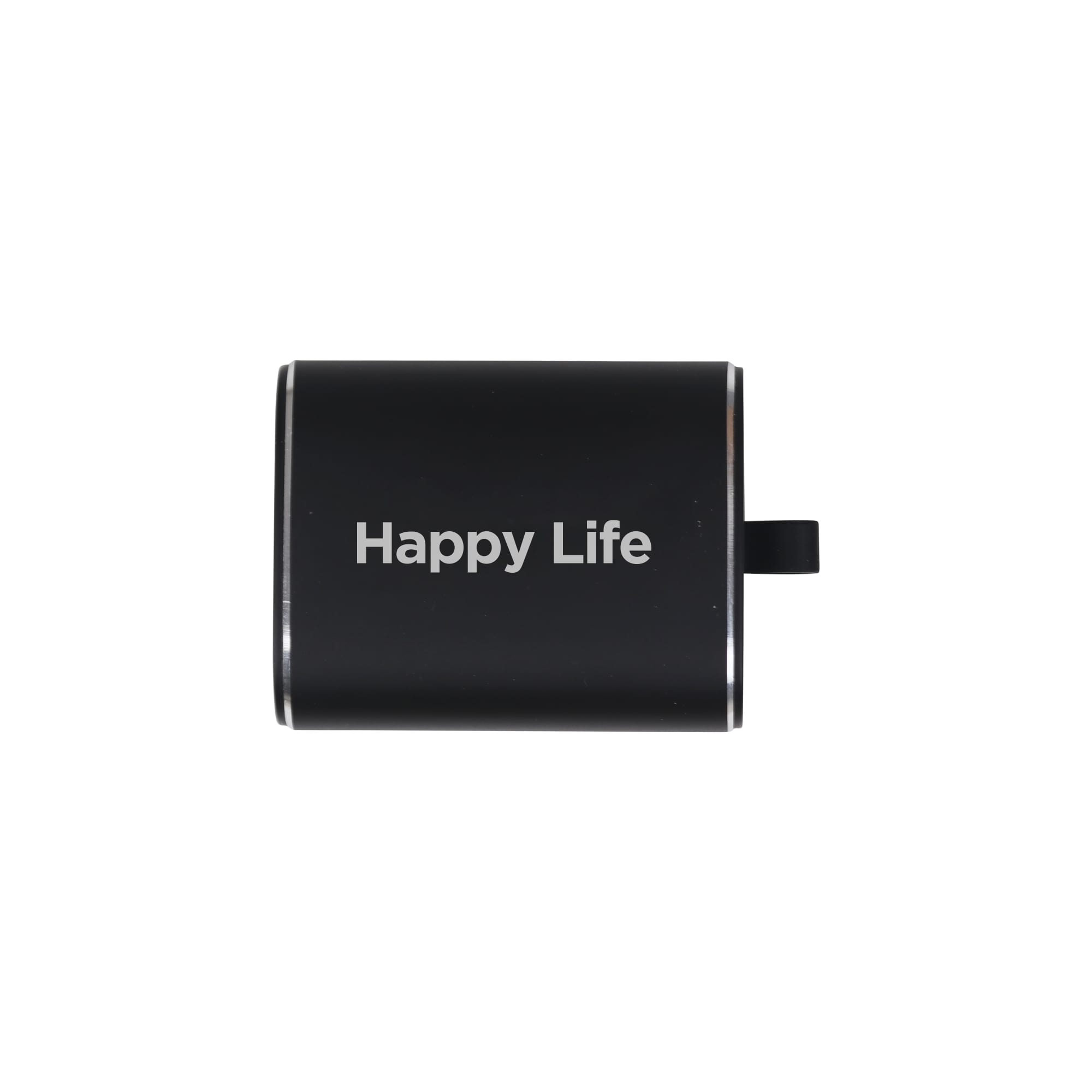 A black metal case for wireless earbuds with a sleek design and a small pull tab. It features a logo on the front. Slide Metal True Wireless Earbuds - Image 1
