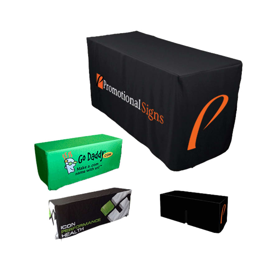 A fitted black tablecloth with a zipper back, featuring an orange logo, alongside three other table covers in various colours. Fitted Table Cloth with Zipper Back * 6ft - Image 1