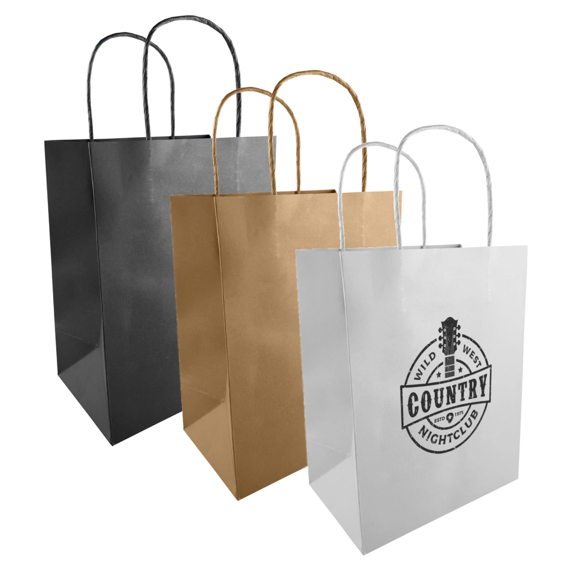 A set of medium kraft paper bags in black, gold, and white, featuring handles and one with a logo. Medium Kraft Paper Bag - Image 1