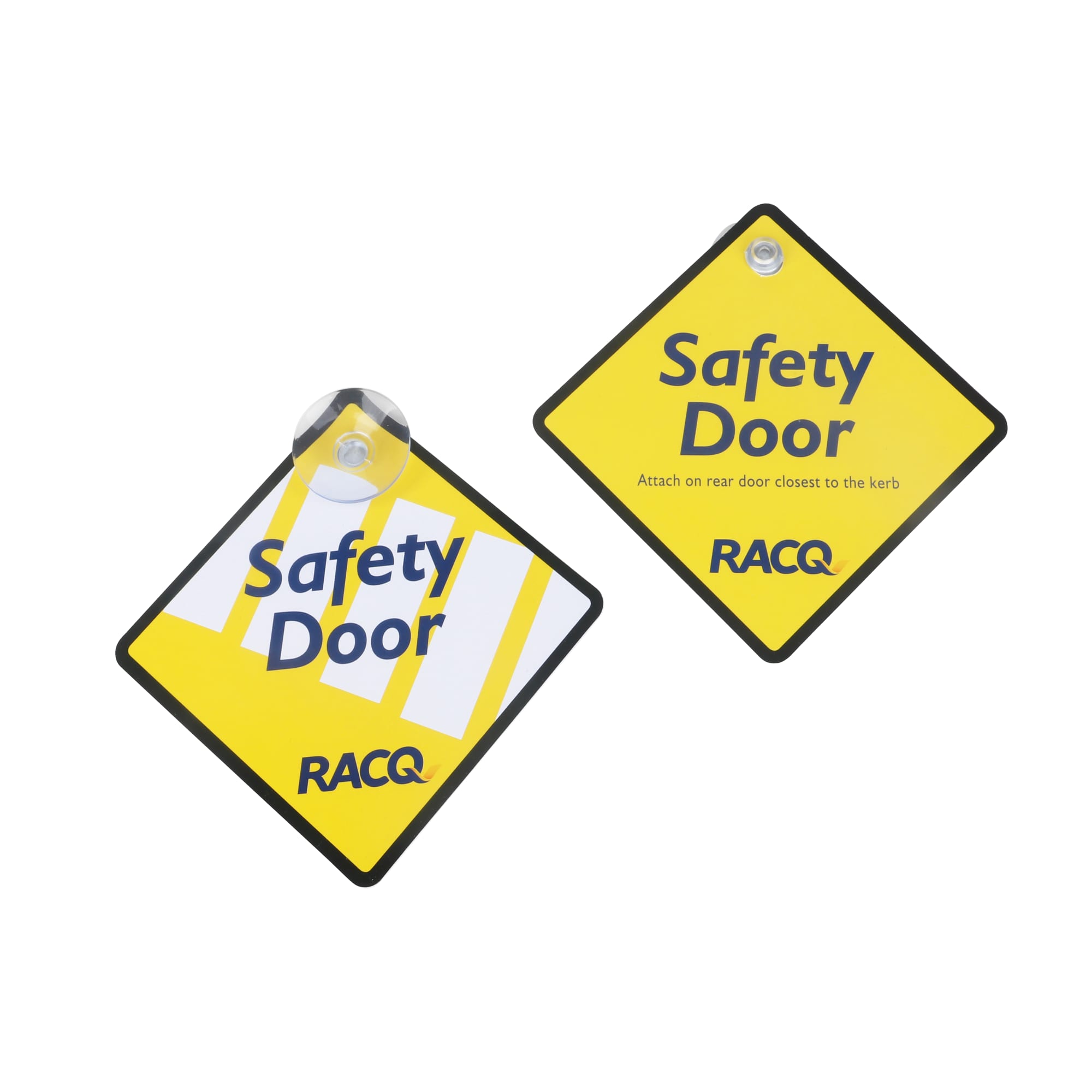 A yellow diamond-shaped warning sign with a logo, featuring the text "Safety Door." Warning Sign - Image 1