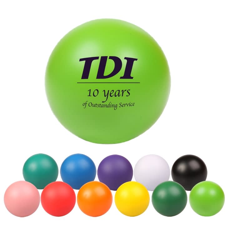 A collection of stress balls in various colours, including green, pink, purple, yellow, and black, with a logo on one. 40mm Dia Base Ball Shape Stress Reliever - Image 1