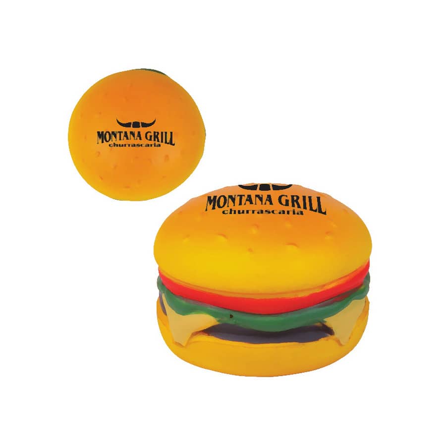 A hamburger-shaped stress reliever in vibrant yellow, green, red, and brown, featuring a logo on the top. Hamburger Shape Stress Reliever - Image 1